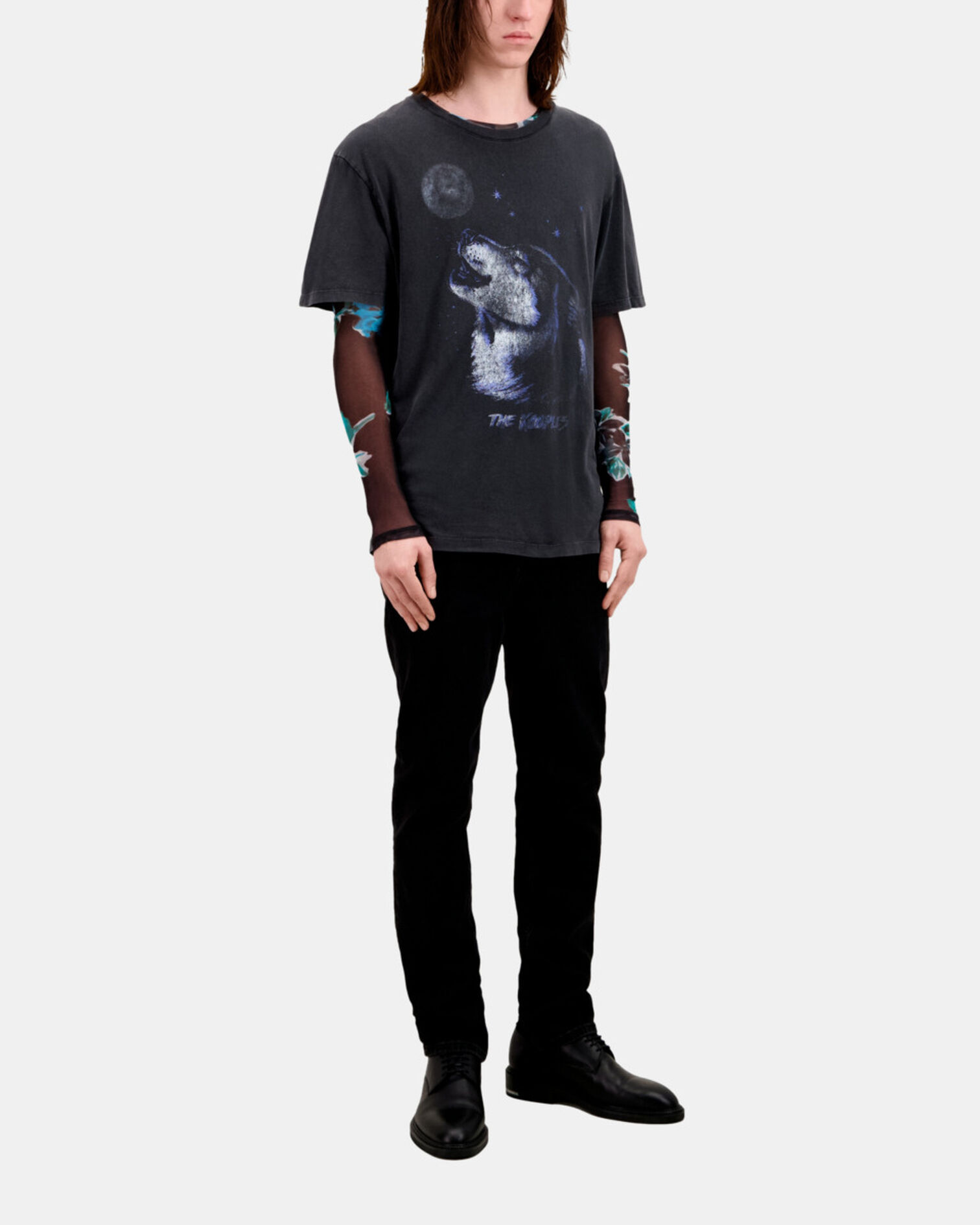 Men's black t-shirt with wolf serigraphy, BLACK WASHED, hi-res image number null