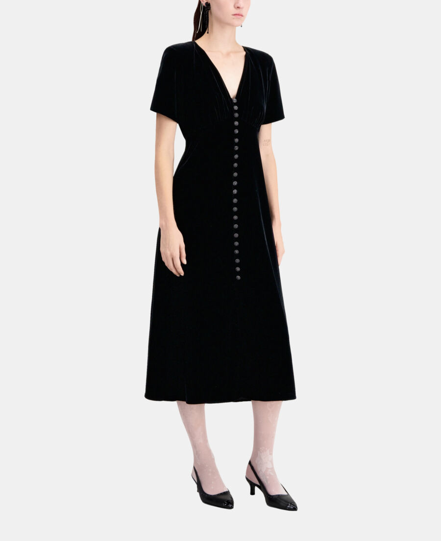 vestido largo negro terciopelo botonadura