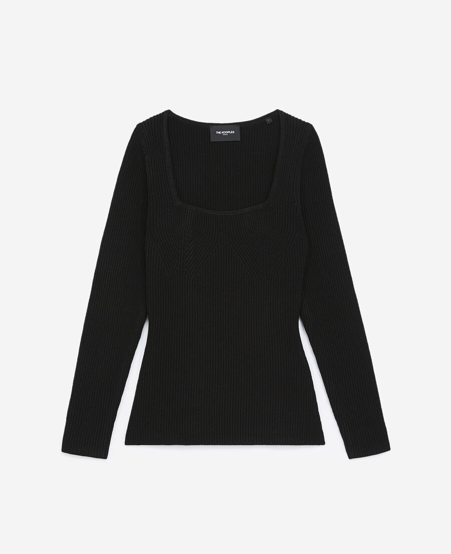 snug knit black sweater w/square neck - rib