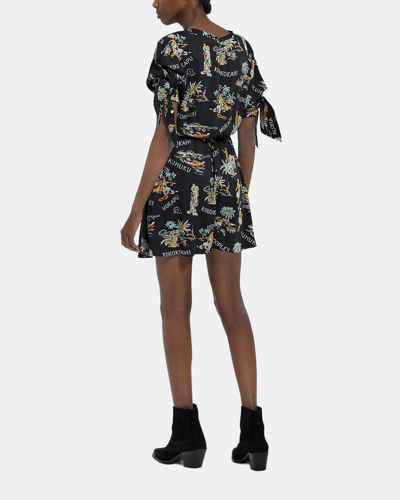 The Kooples DAMEN BLACK schwarzes kurzarm-kleid mit hawaii-motiv
