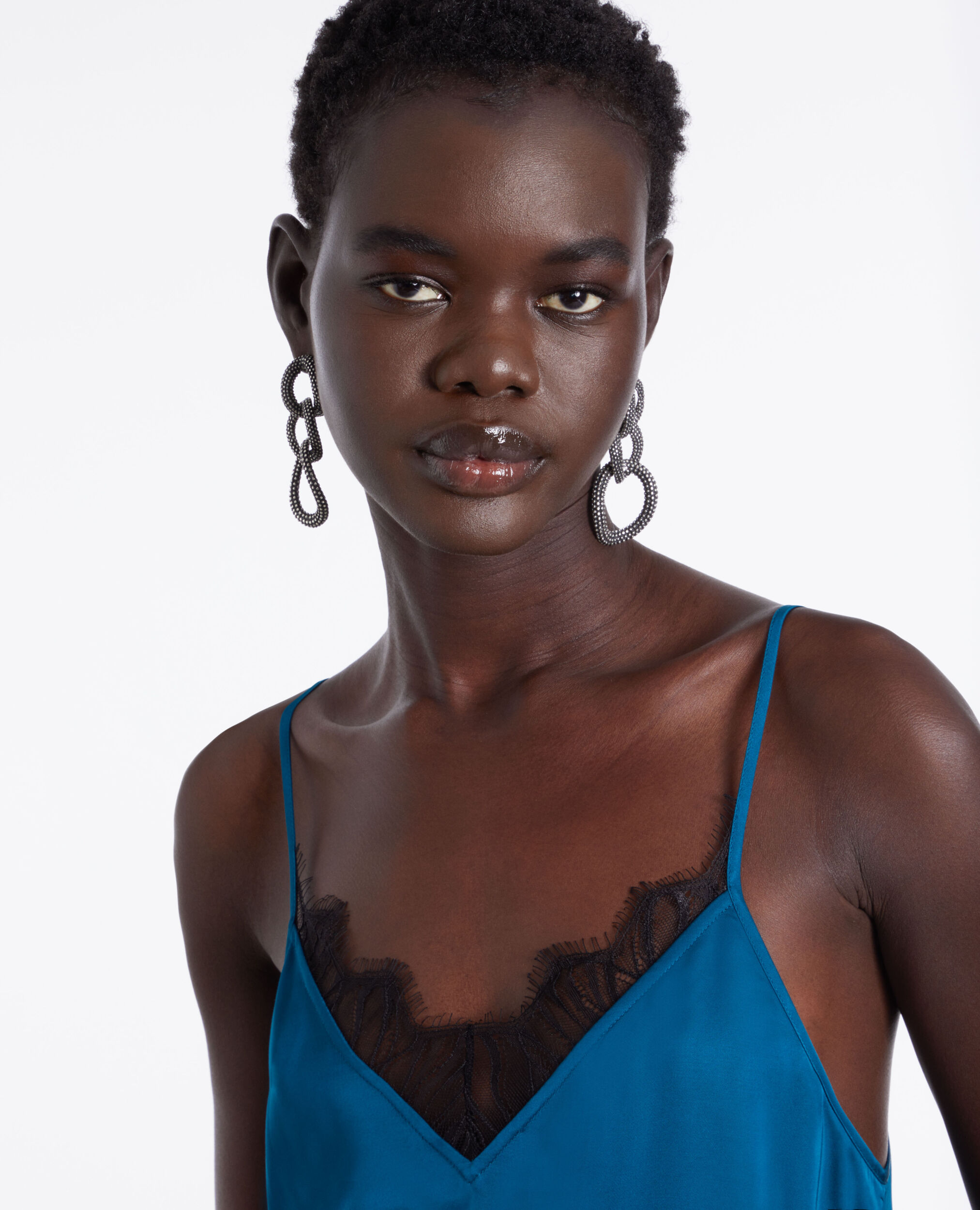 Vestido lencero largo azul detalles encaje, MEDIUM BLUE, hi-res image number null