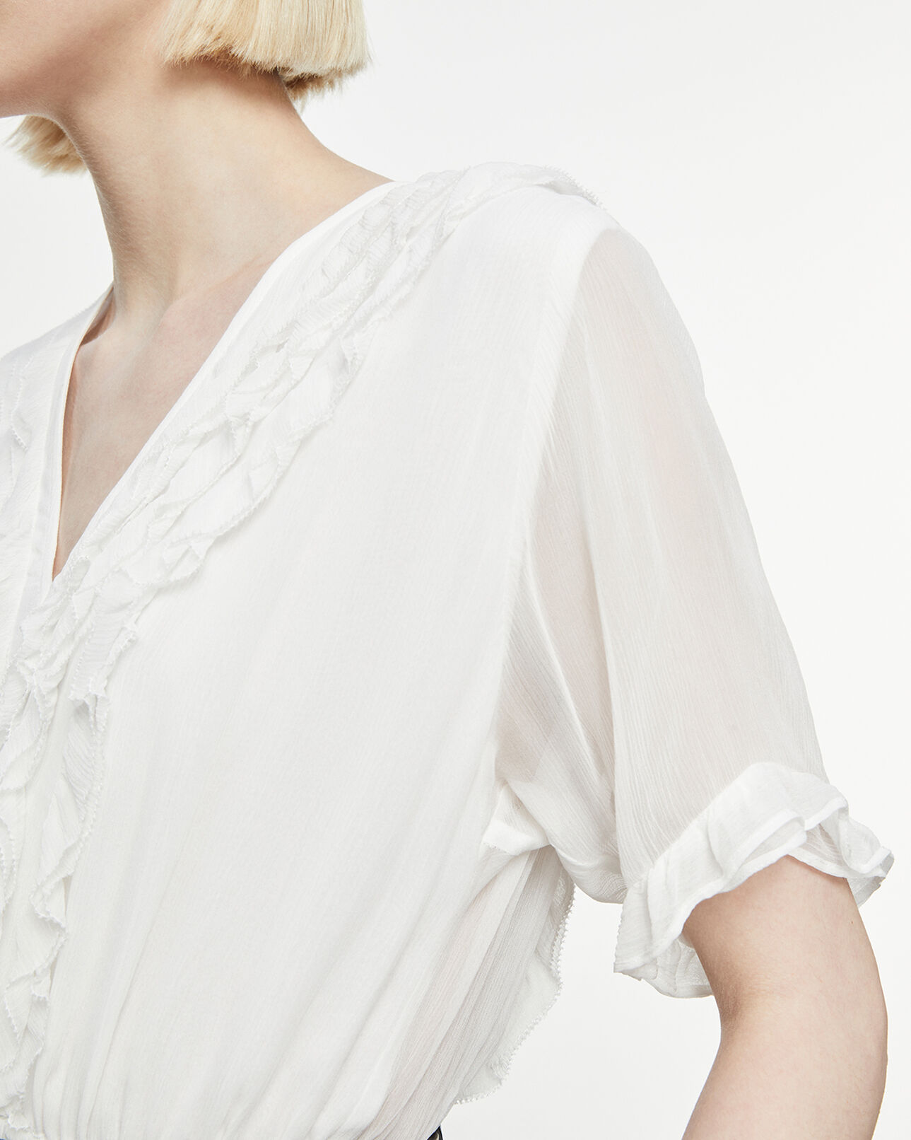 The Kooples MUJER ECRU vestido largo blanco crudo escote v volantes
