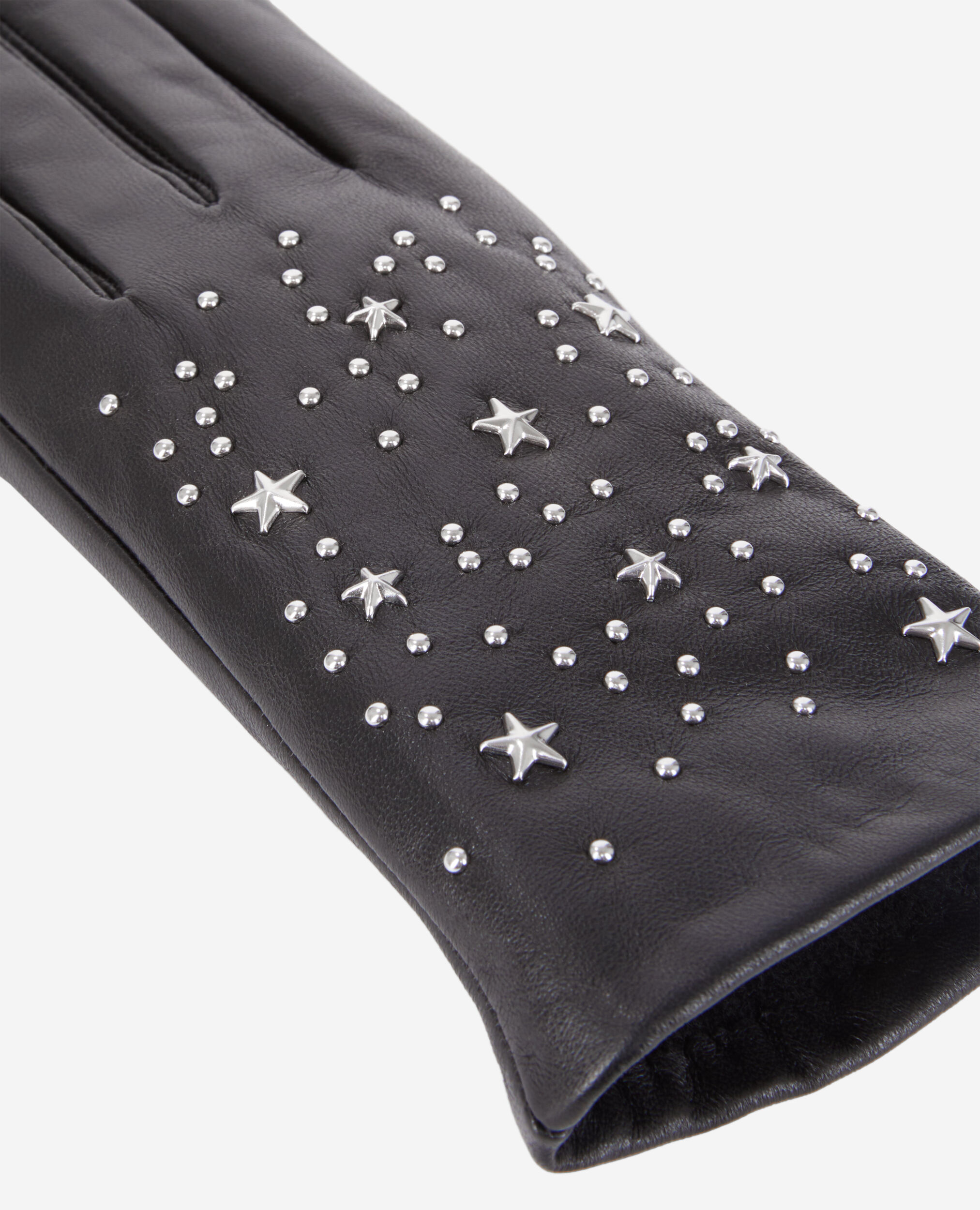 Women's black leather gloves with stars, BLACK, hi-res image number null