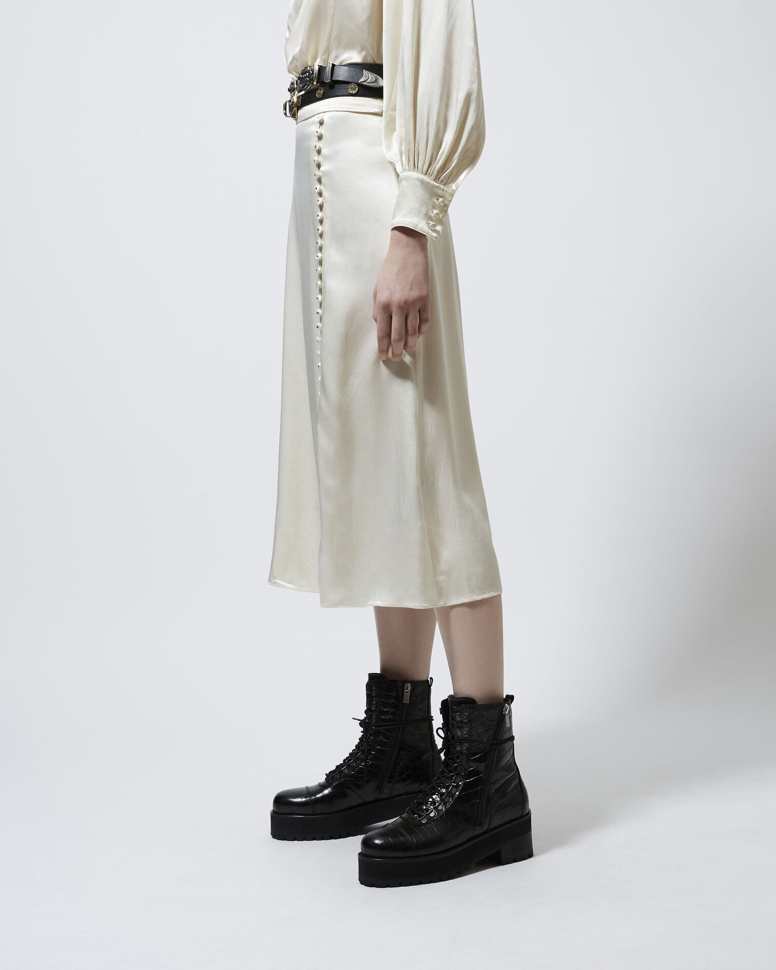Long pleated beige skirt with slit in satin, ECRU, hi-res image number null