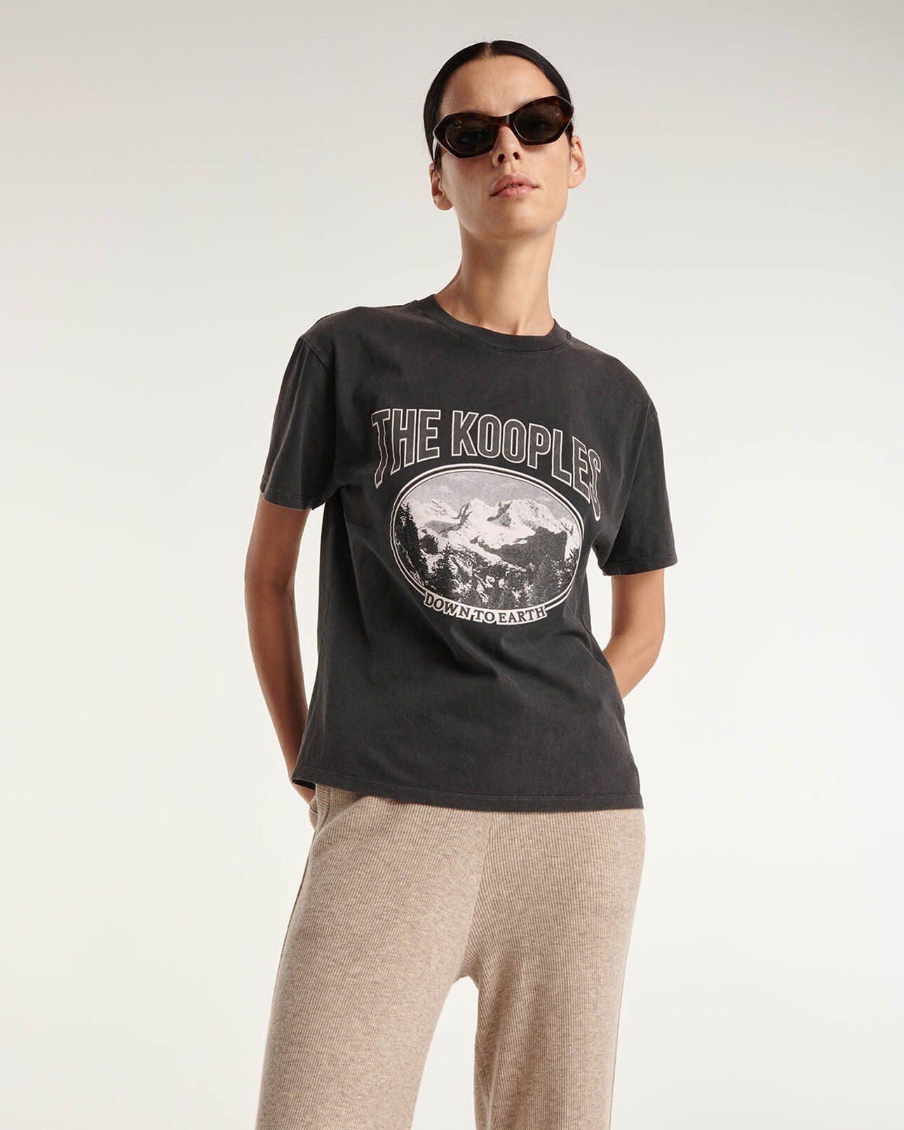 The Kooples WOMEN BLACK WASHED black cotton t-shirt with mountain print