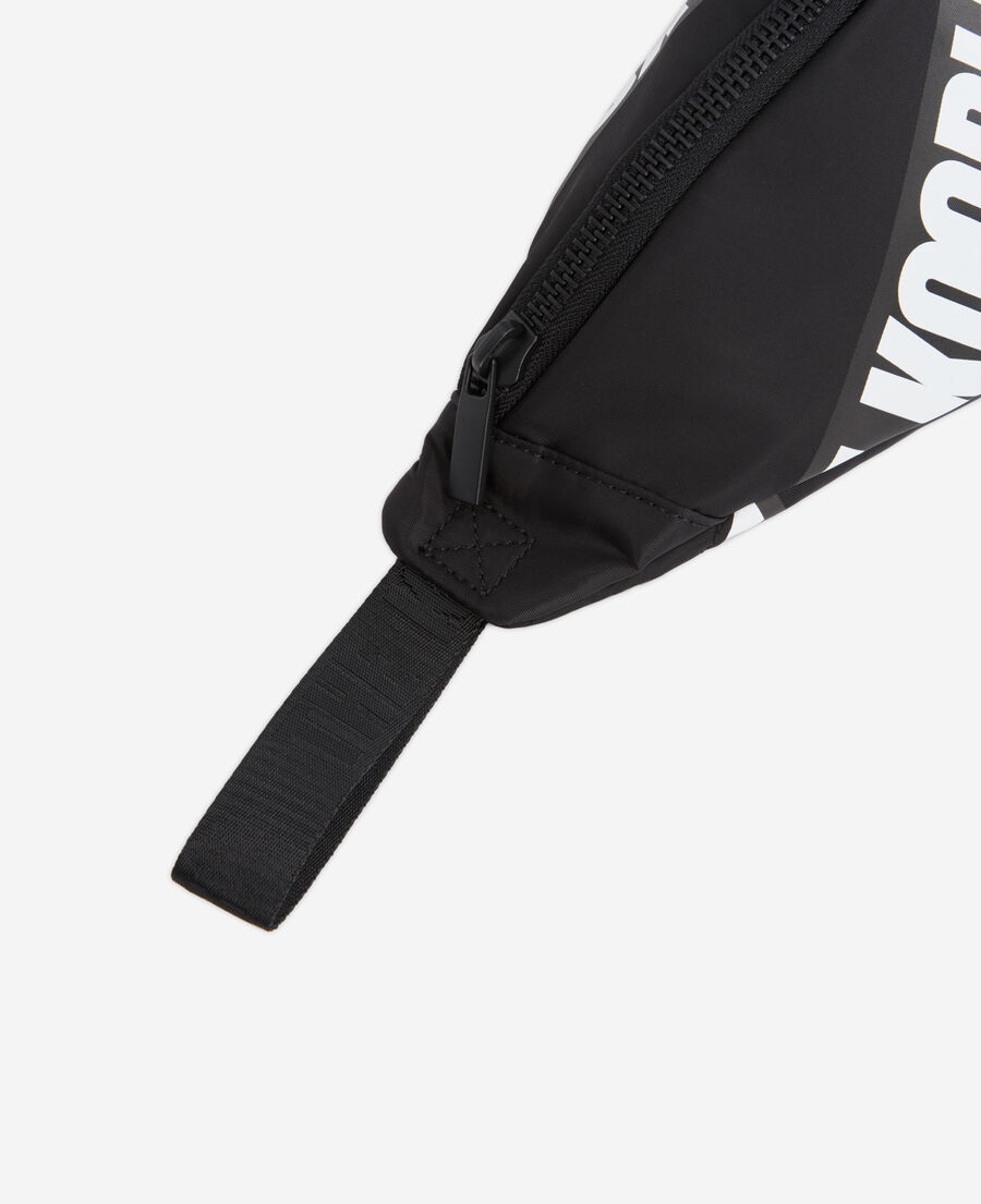 black waist bag with tape logo