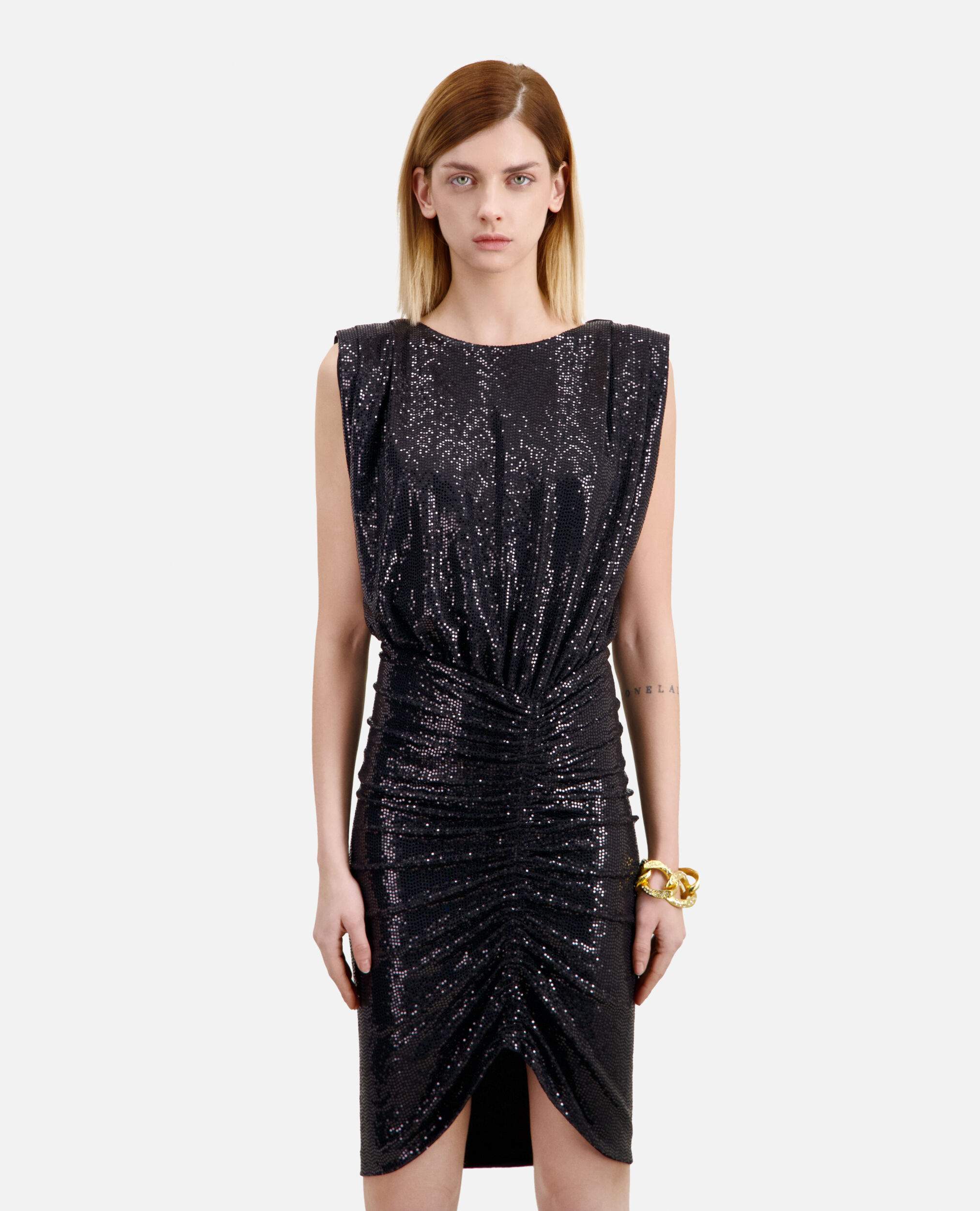 Schwarzes, kurzes Kleid mit Pailletten, BLACK, hi-res image number null
