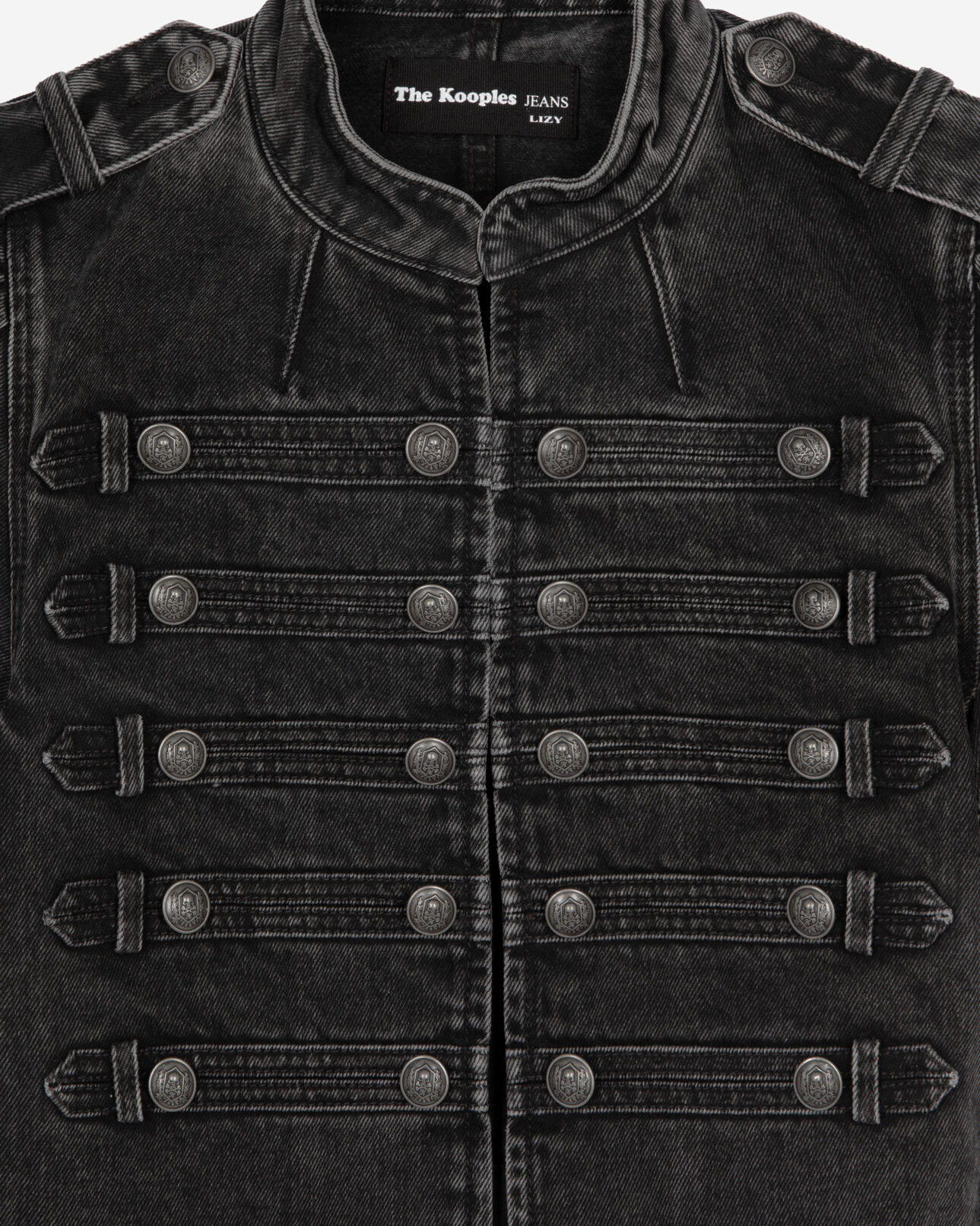 The Kooples DAMEN BLACK WASHED kurzärmelige offiziersjacke aus grauem denim