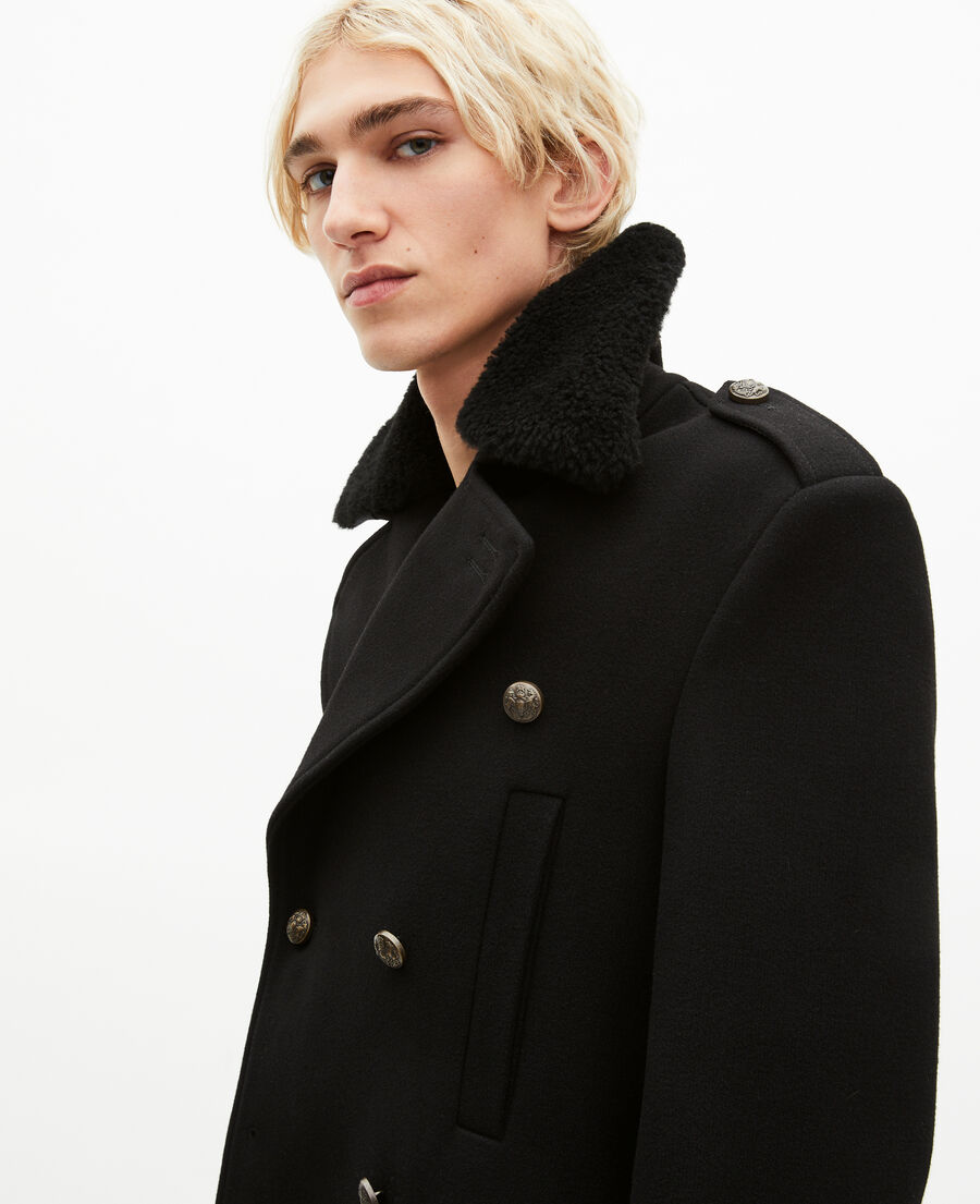 The Kooples MEN BLACK long black wool coat with sherpa collar