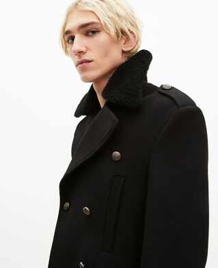 The Kooples MEN BLACK long black wool coat with sherpa collar