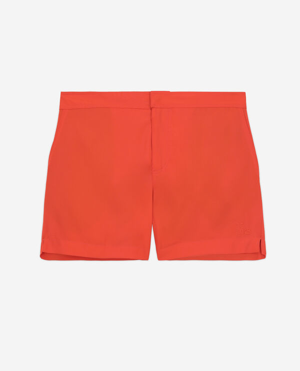 orange swim shorts with logo
