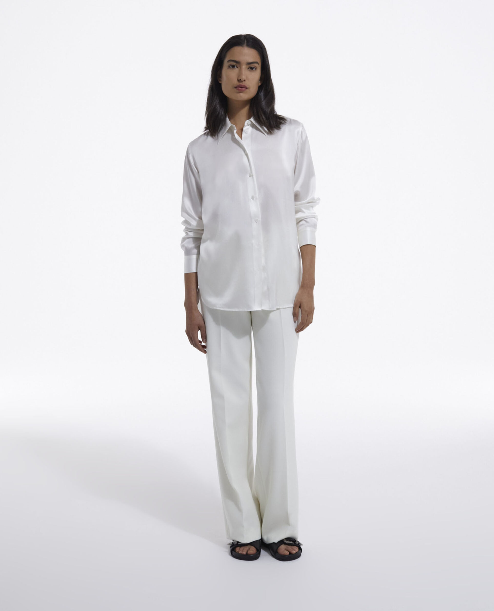 White silk shirt with large cuffs, WHITE, hi-res image number null