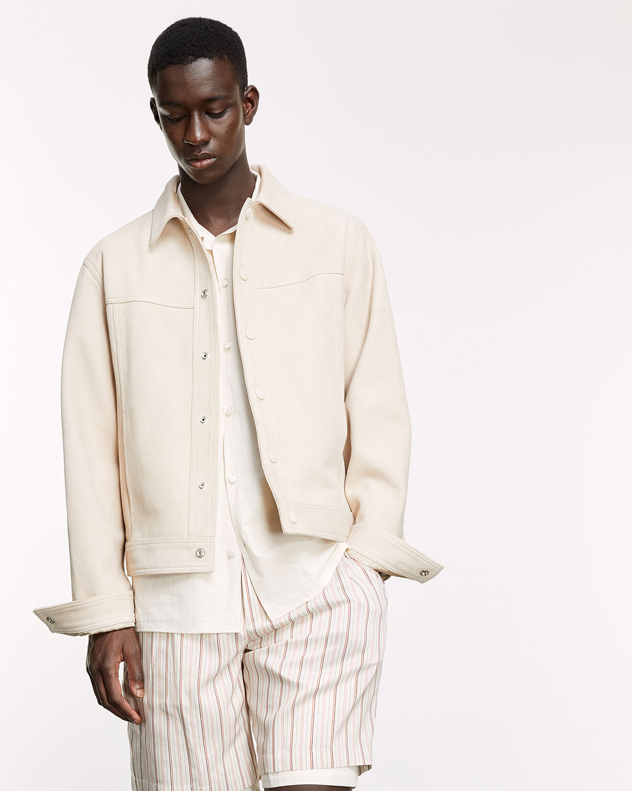 The Kooples MEN LIGHT BEIGE suede-like beige leather shirt w/buttons