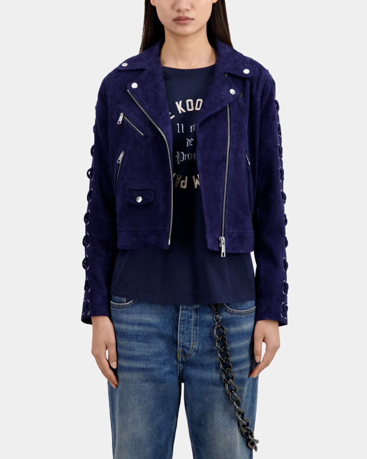 The Kooples WOMEN DARK BLUE navy blue suede leather biker jacket