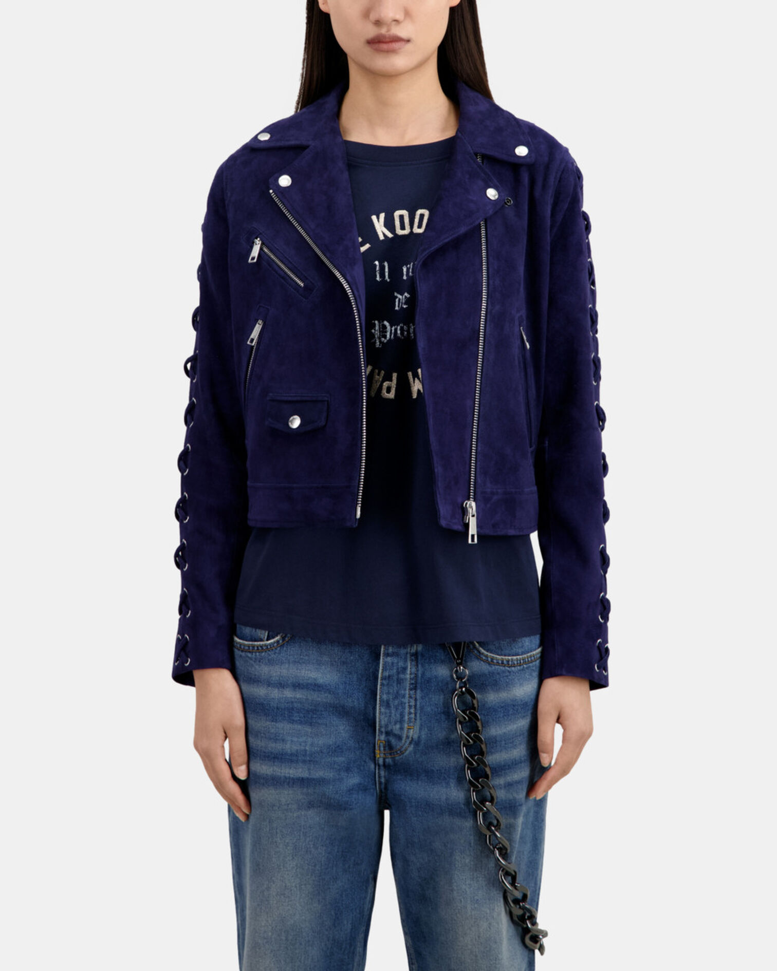 Navy blue suede leather biker jacket, DARK BLUE, hi-res image number null