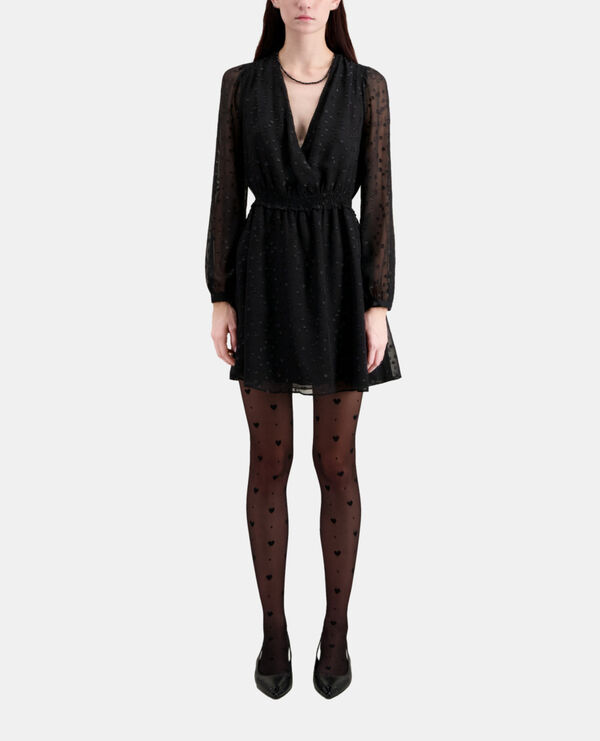 short black dress with silver polka dots