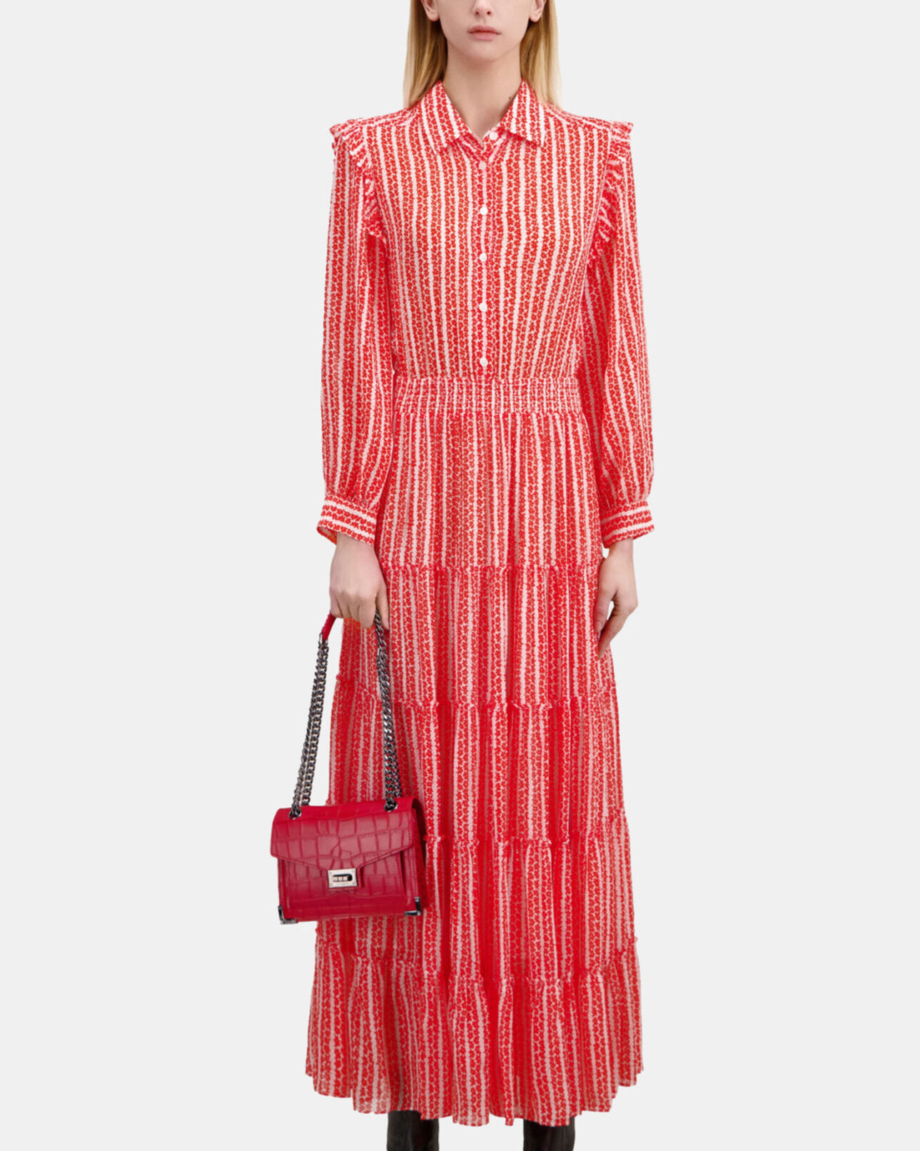 The Kooples FEMME RED WHITE robe longue imprimée avec volants