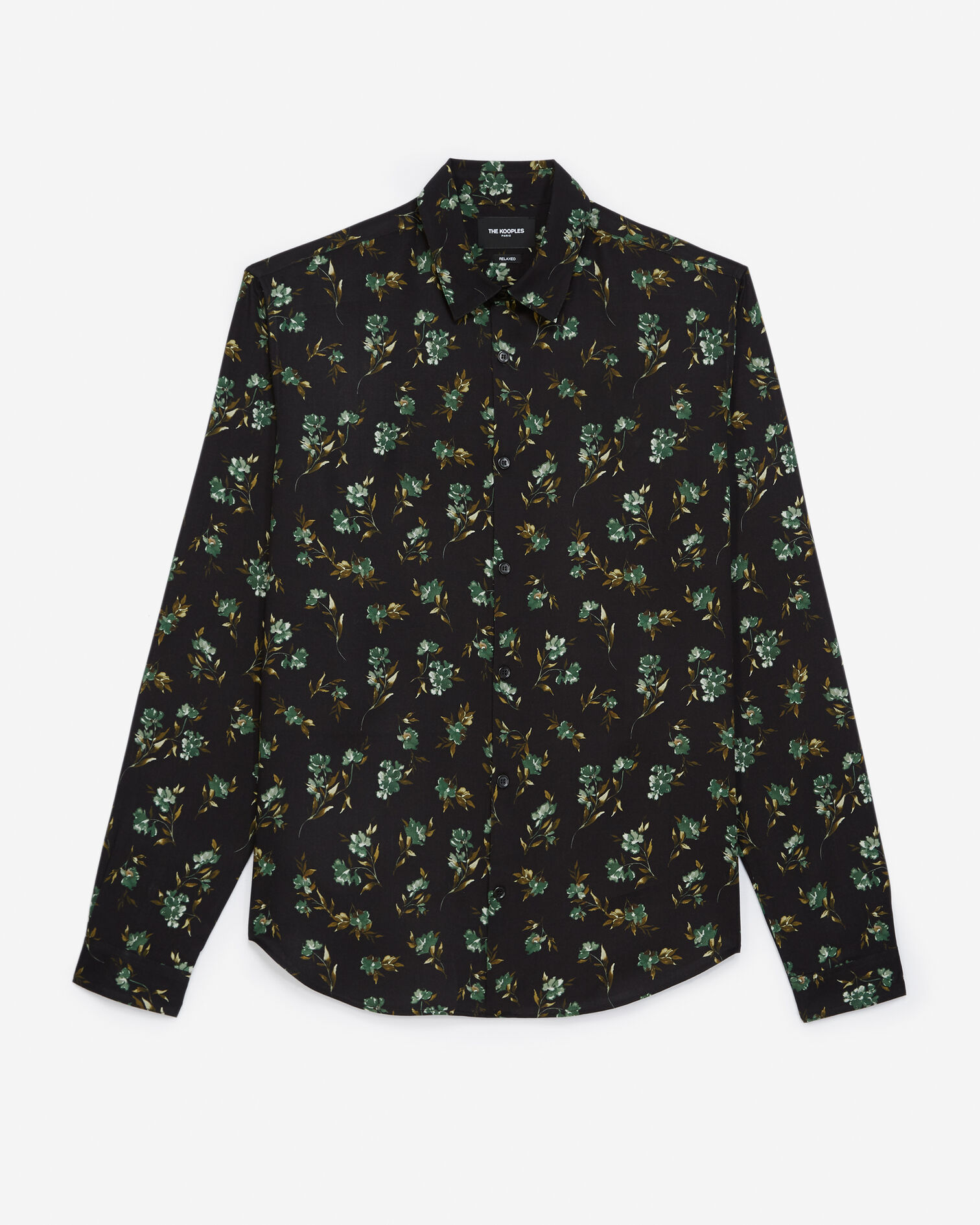 Flowing black shirt with green floral print, BLACK / GREEN, hi-res image number null