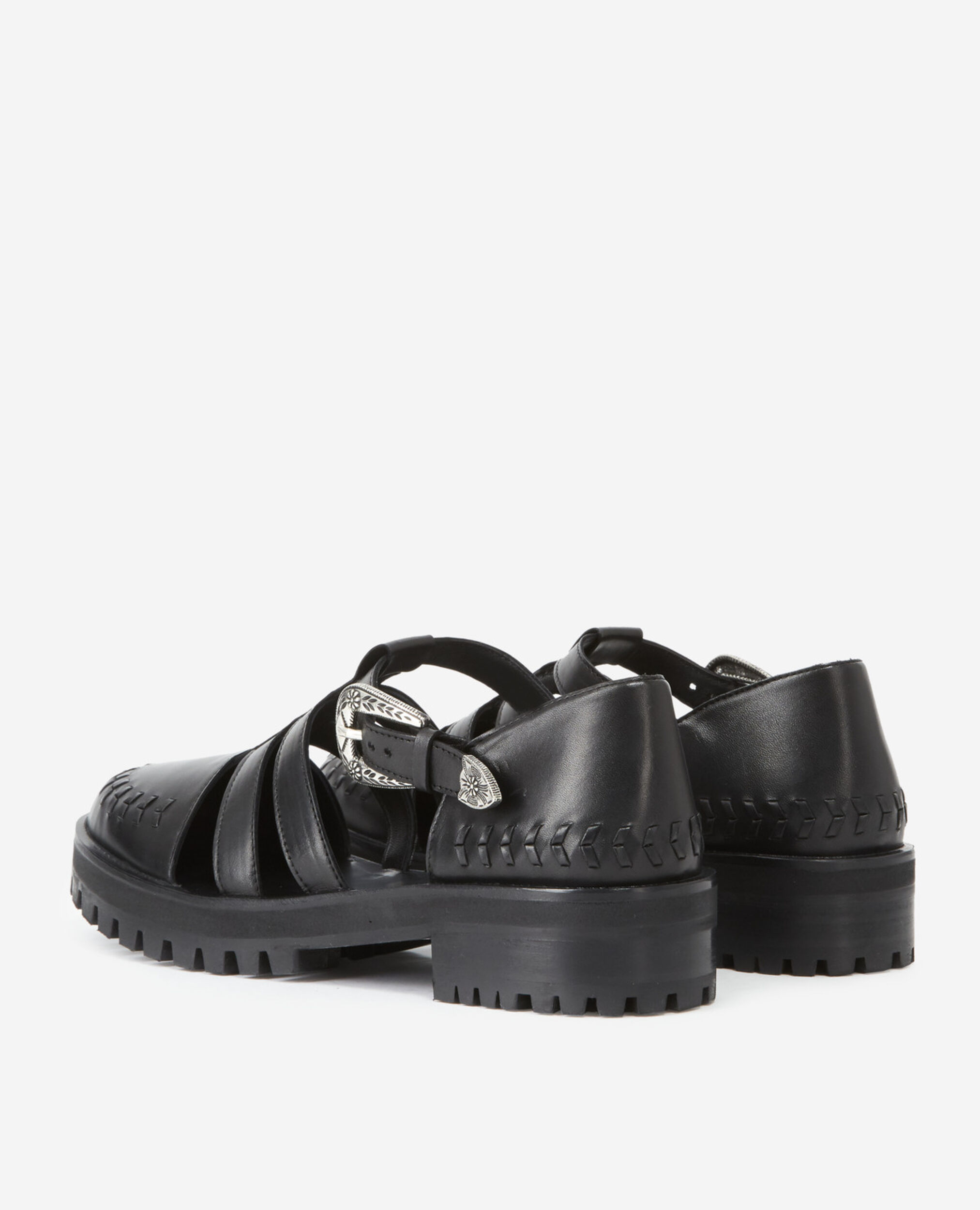 Western flat black sandals in smooth leather, BLACK, hi-res image number null
