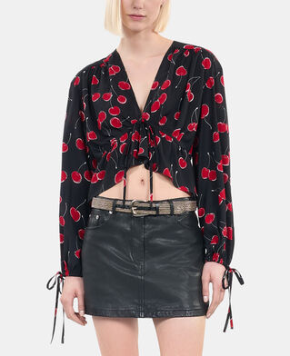 The Kooples F BLACK - RED cherry printed cropped top with ruffles