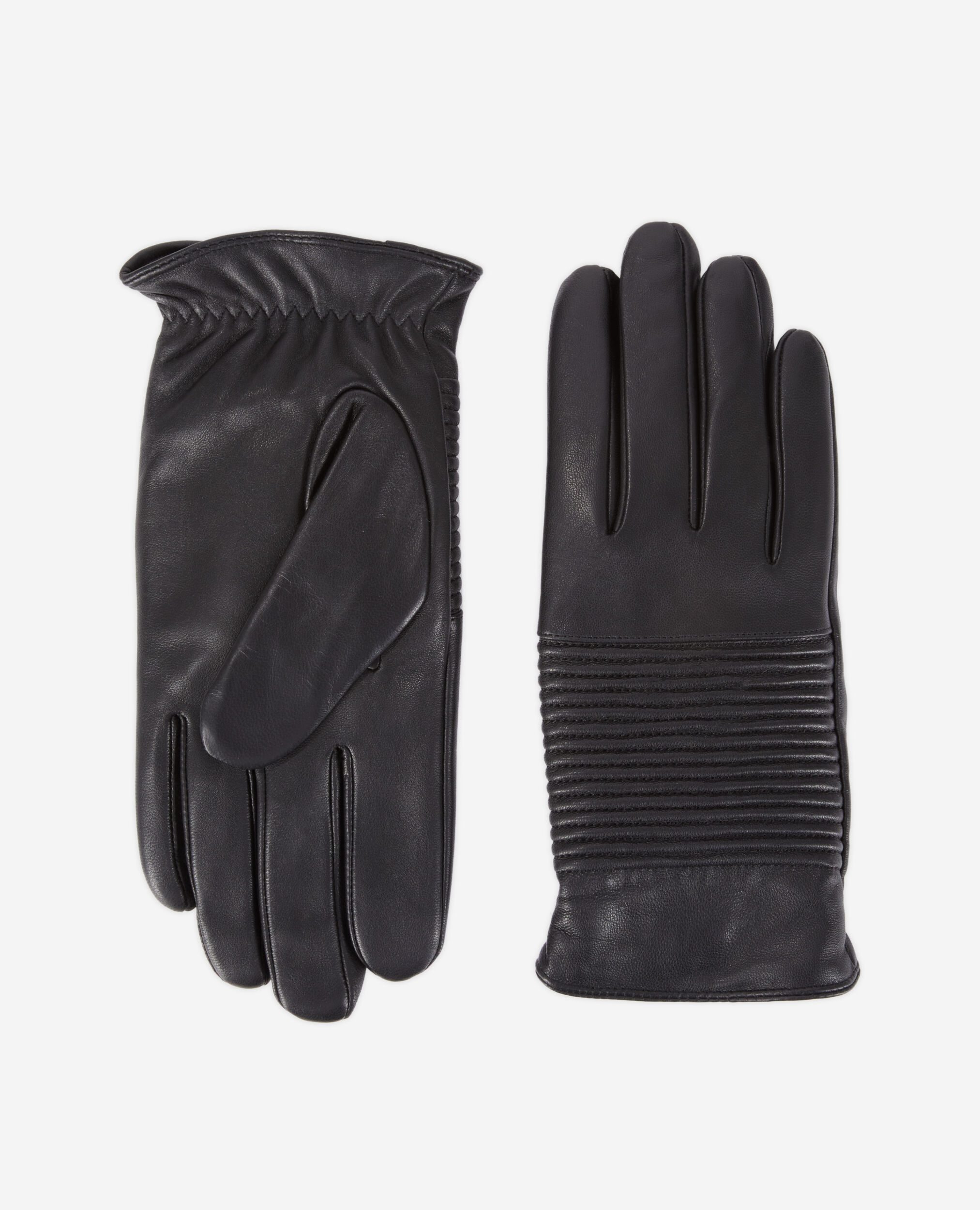 Men's black leather gloves with ribbing, BLACK, hi-res image number null