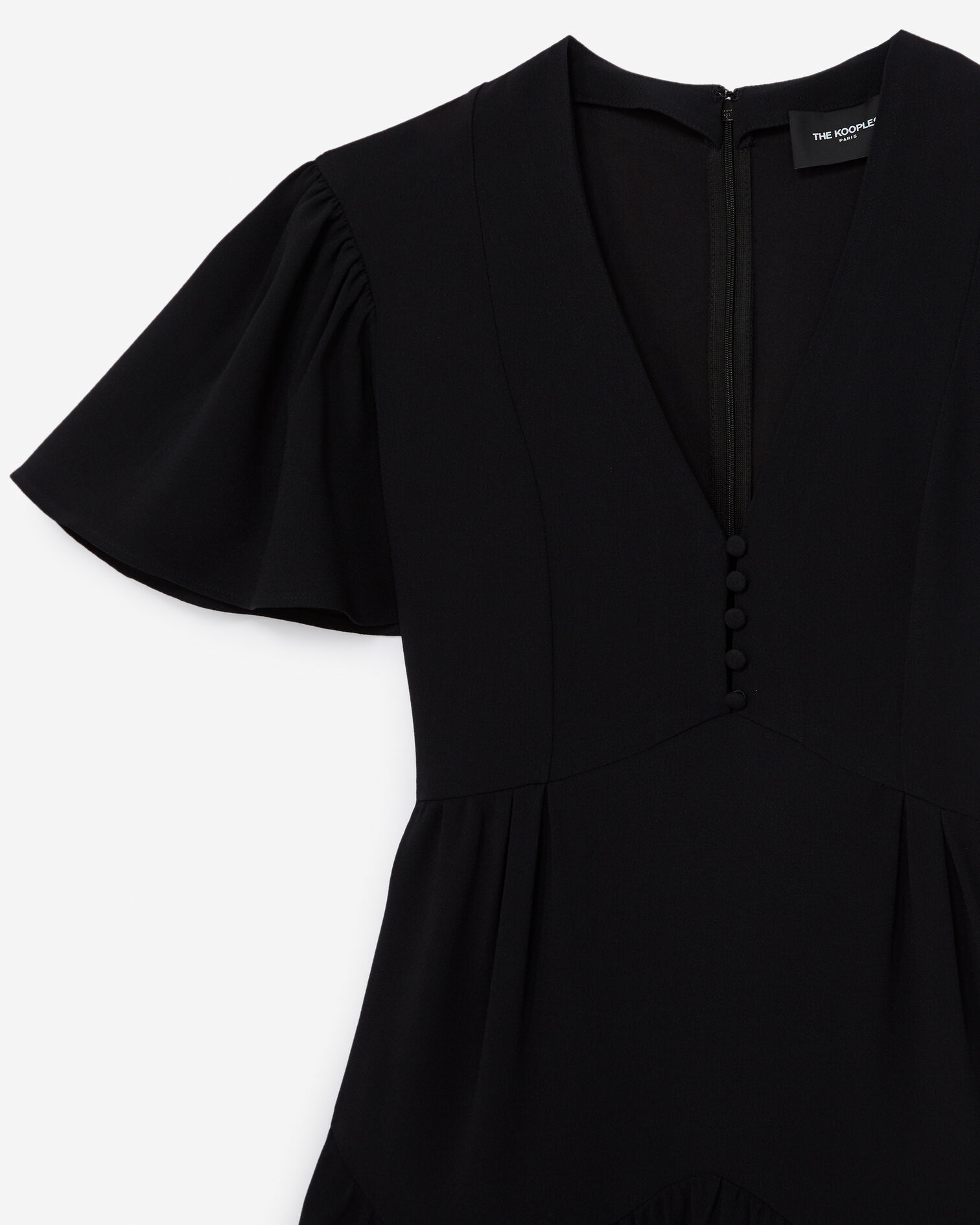 Robe courte crepe noire fluide col V, BLACK, hi-res image number null
