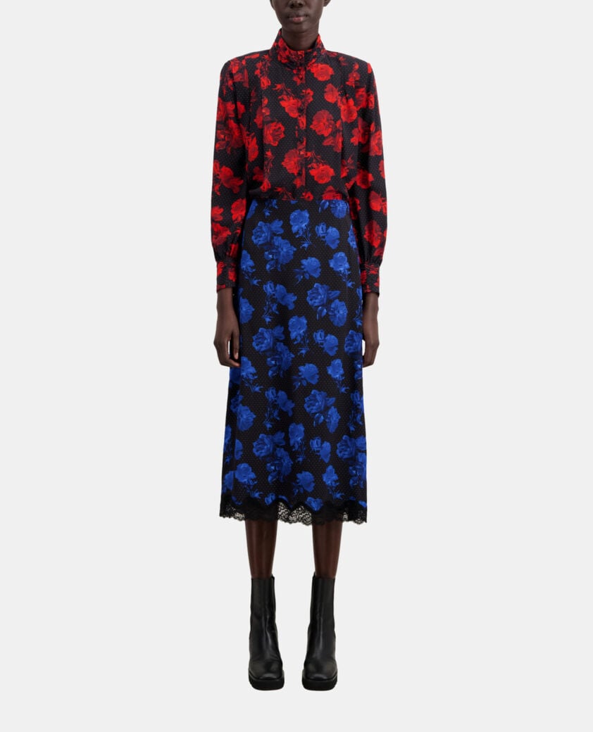 The Kooples WOMEN BLACK BLUE long printed silk skirt with lace details