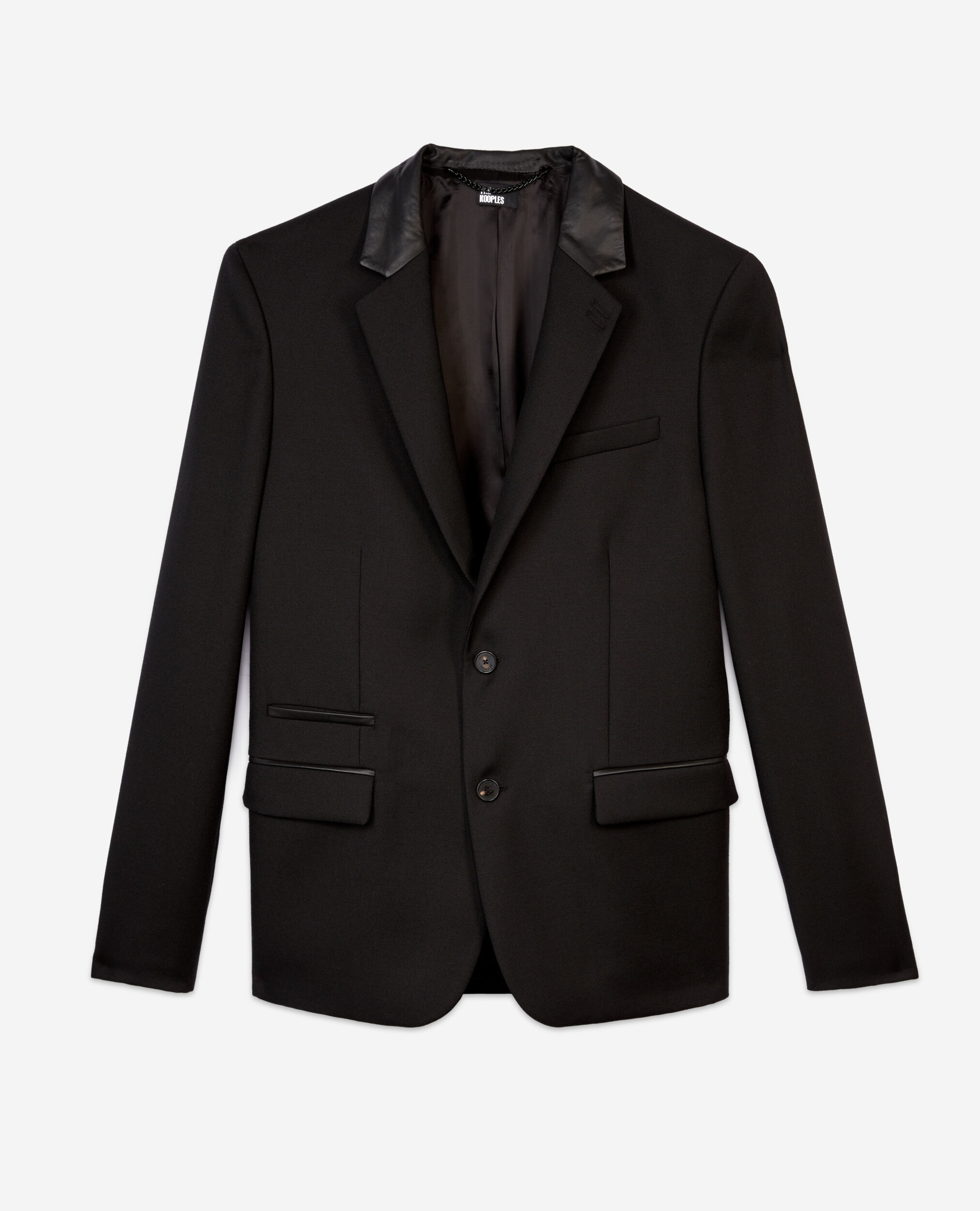 Blazer noir en laine avec détails en cuir, BLACK, hi-res image number null