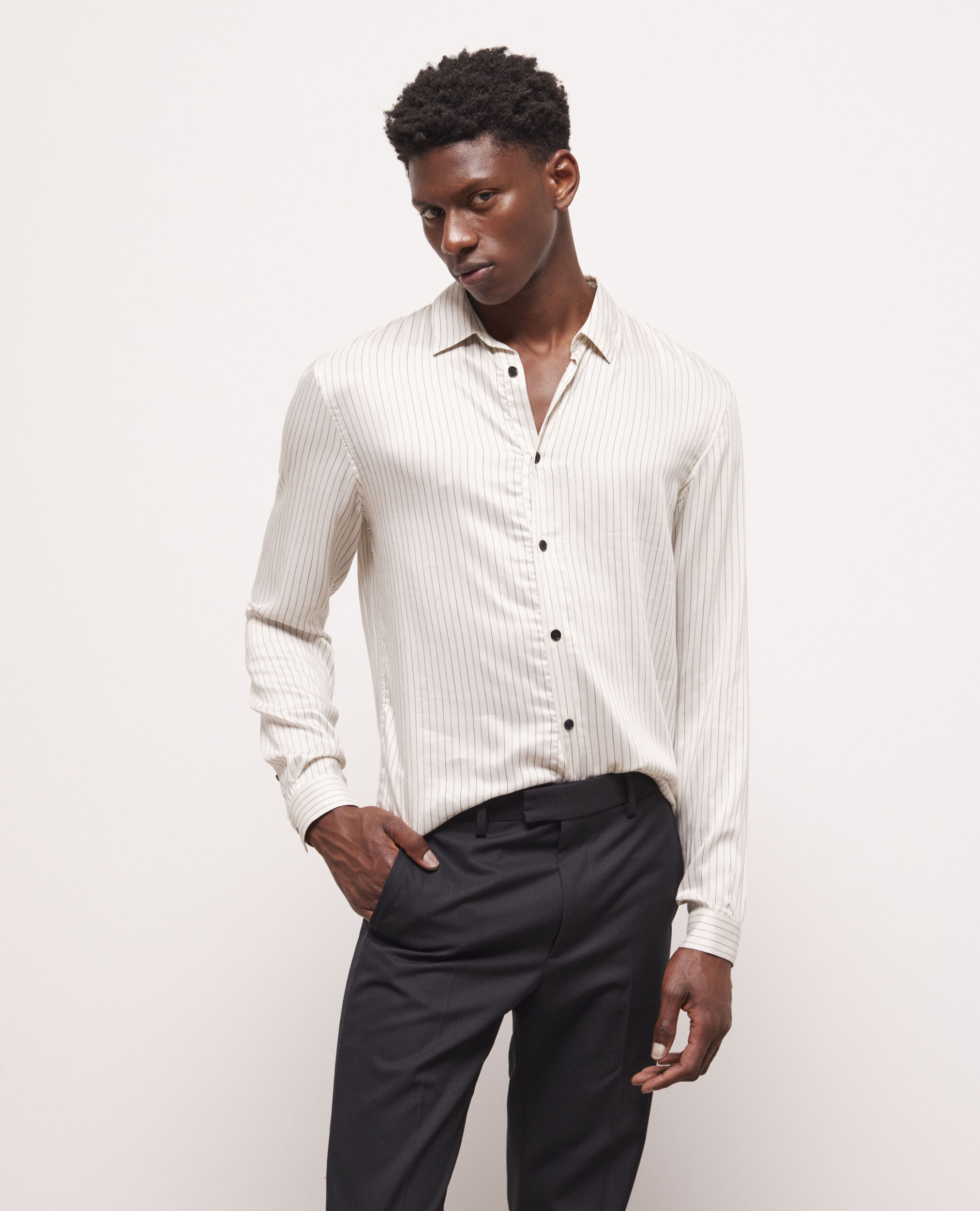 Slim-fit ecru striped shirt with classic collar, OFF WHITE, hi-res image number null