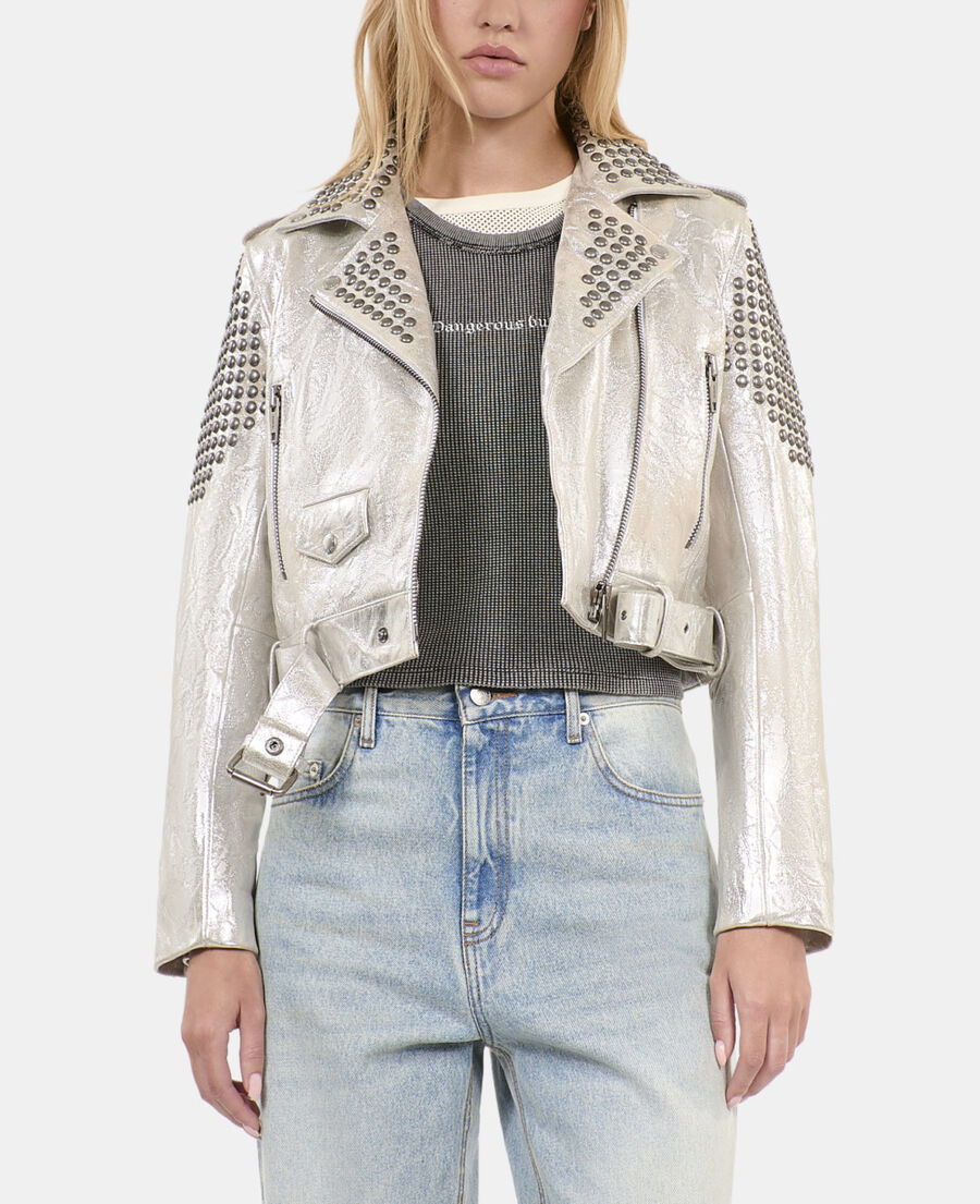 The Kooples FEMME 52 ARGENT VIEILLI CORNE blouson clouté en cuir argenté