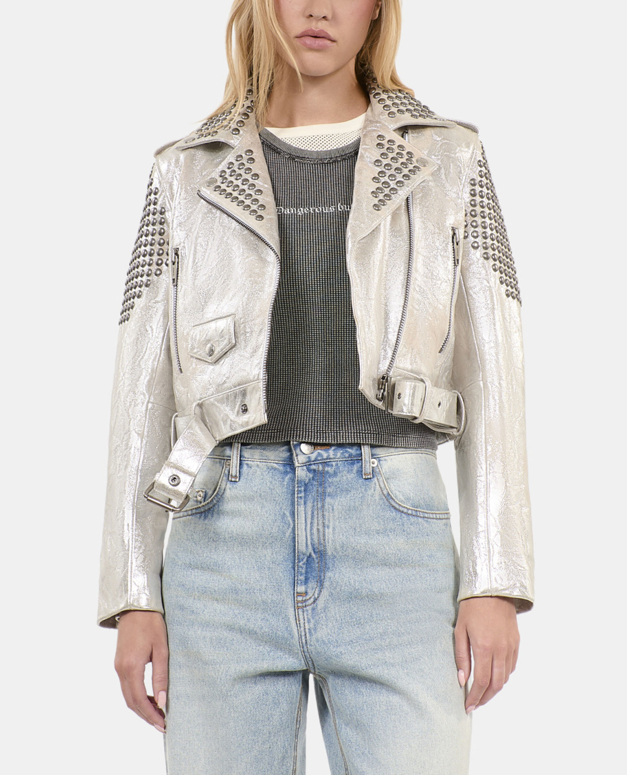 Blouson clouté en cuir argenté, 52 ARGENT VIEILLI CORNE, hi-res image number null