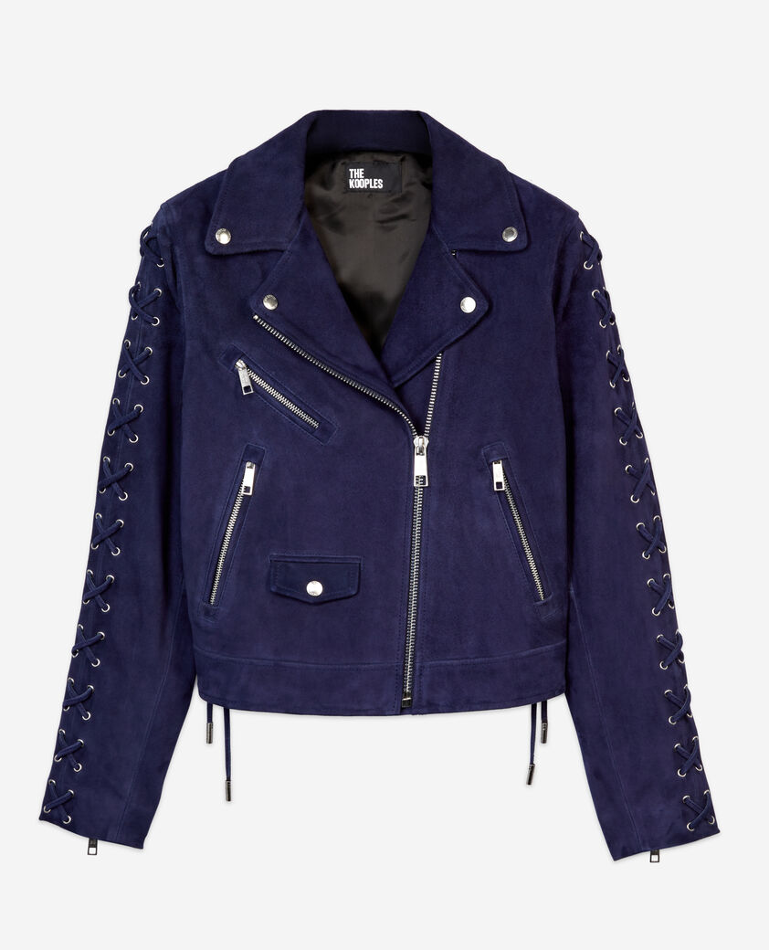 The Kooples FEMME DARK BLUE blouson biker en cuir suède bleu marine