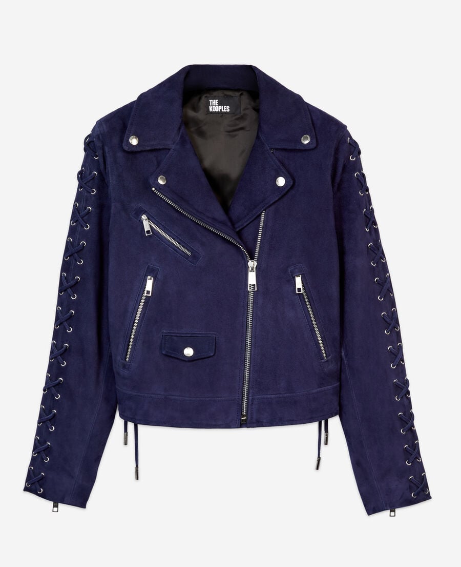 The Kooples FEMME DARK BLUE blouson biker en cuir suède bleu marine
