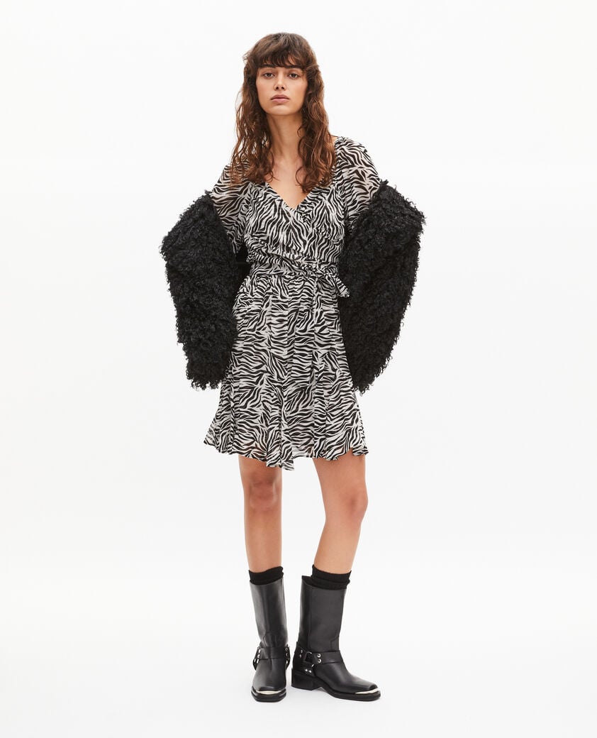 The Kooples WOMEN BLACK WHITE short zebra print wrap dress