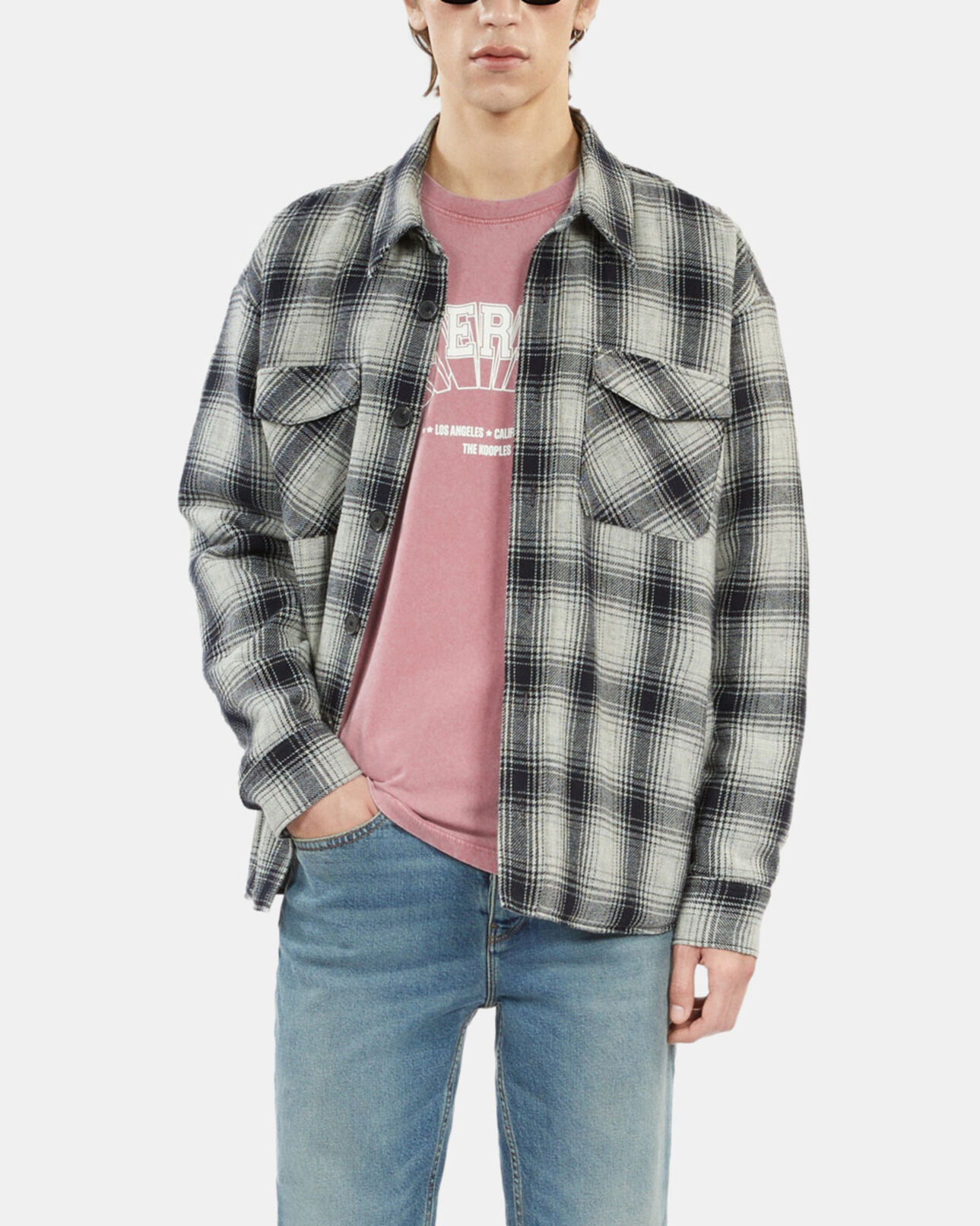 The Kooples MEN GREY BLACK checkered wool-blend overshirt jacket