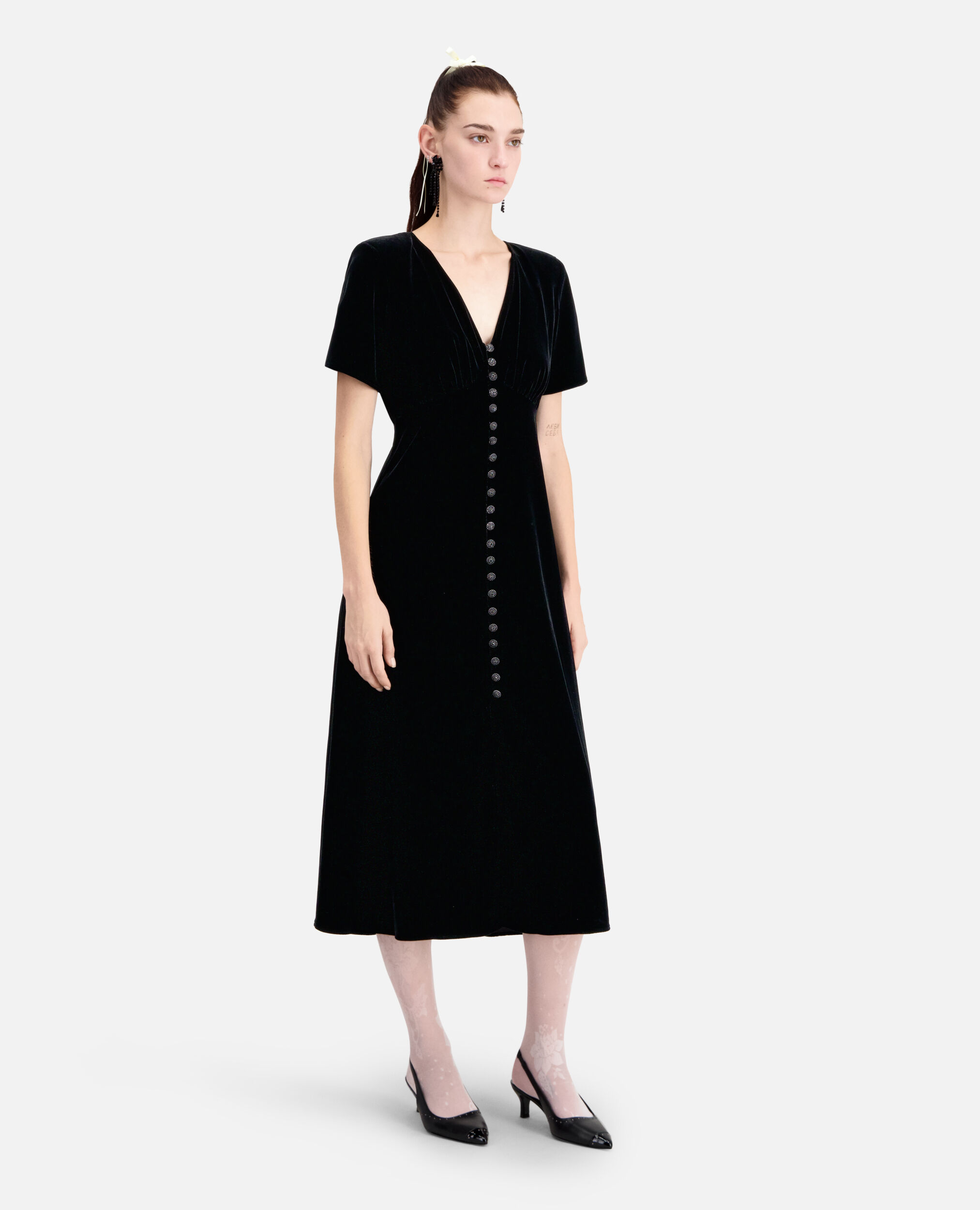 Long black velvet dress with buttoning, BLACK, hi-res image number null