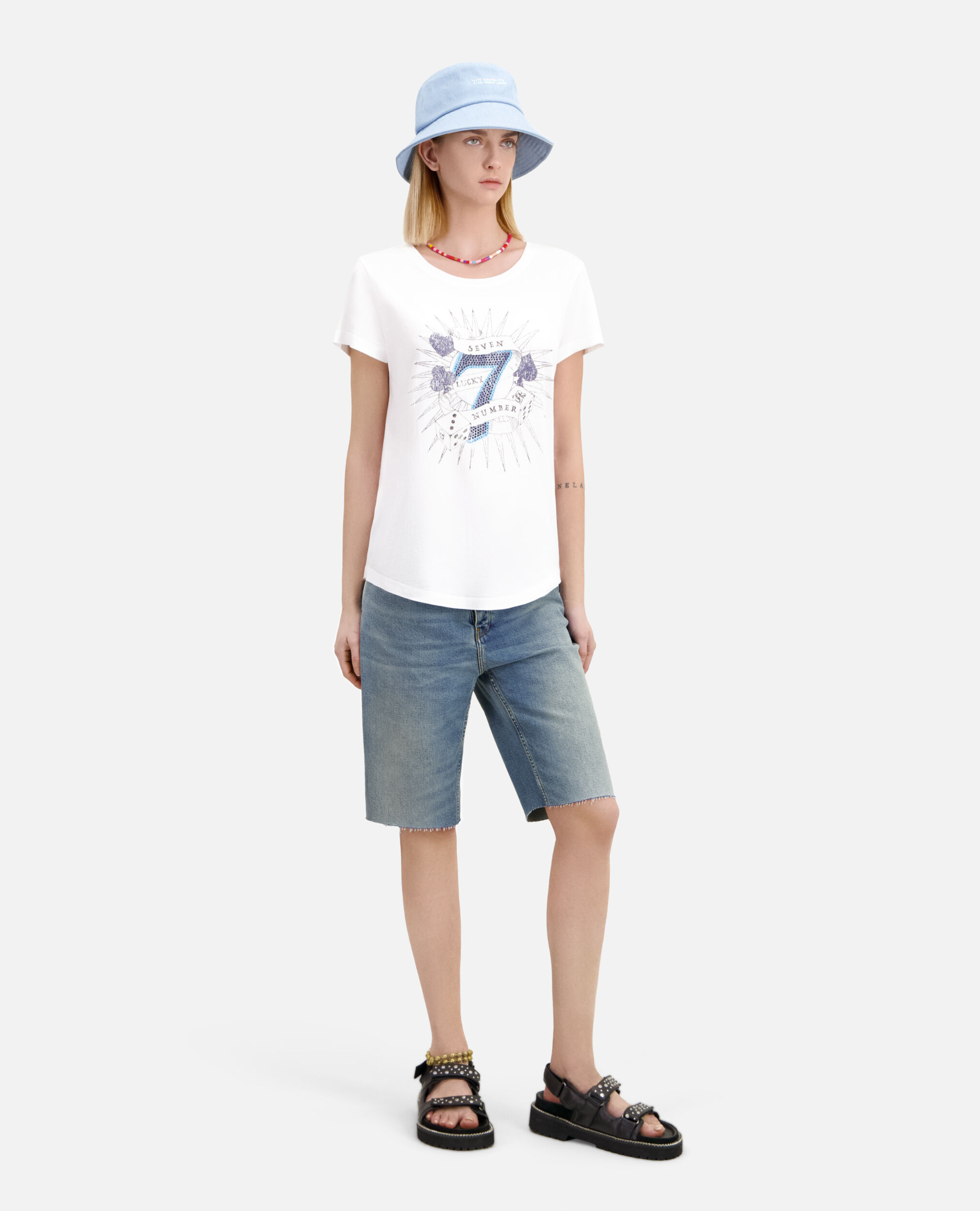 T-shirt blanc avec sérigraphie Lucky number, WHITE, hi-res image number null