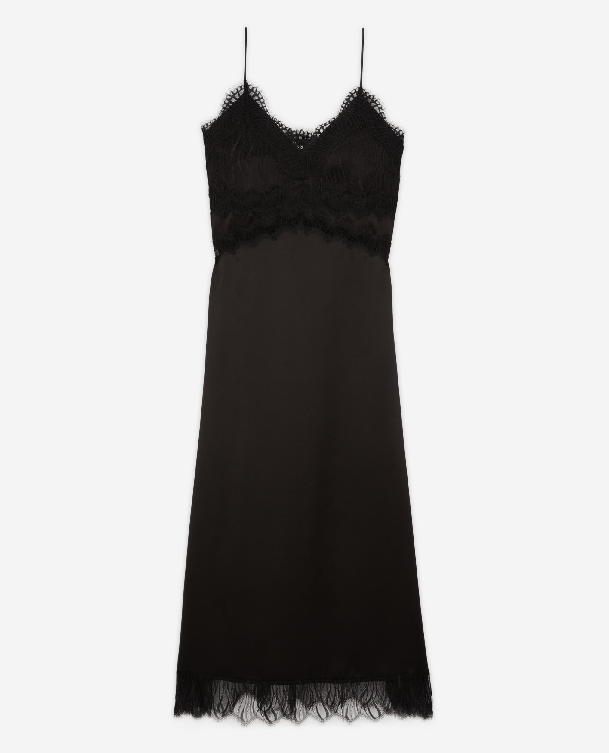 Long black silk slip dress with lace details | The Kooples - US