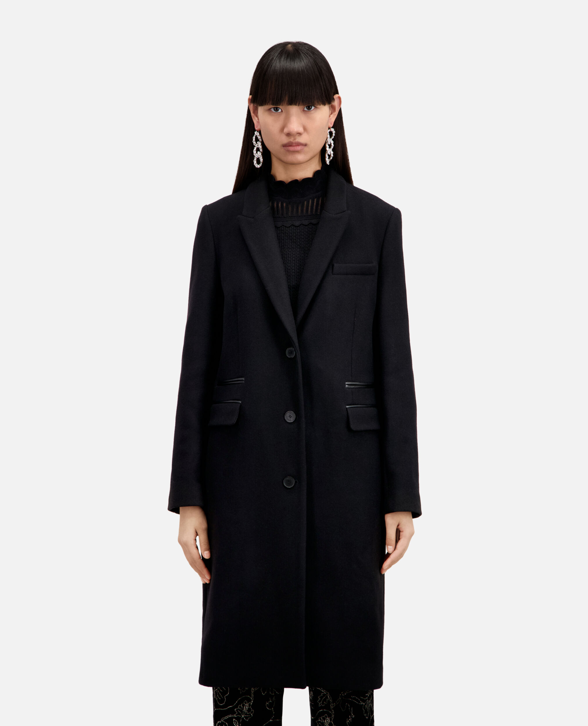 Manteau long noir en mélange de laine, BLACK, hi-res image number null