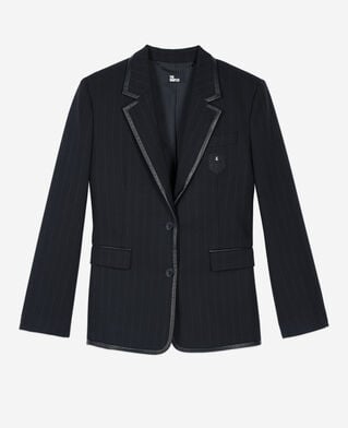 The Kooples FEMME BLACK veste &agrave; rayures tennis en laine m&eacute;lang&eacute;e noire
