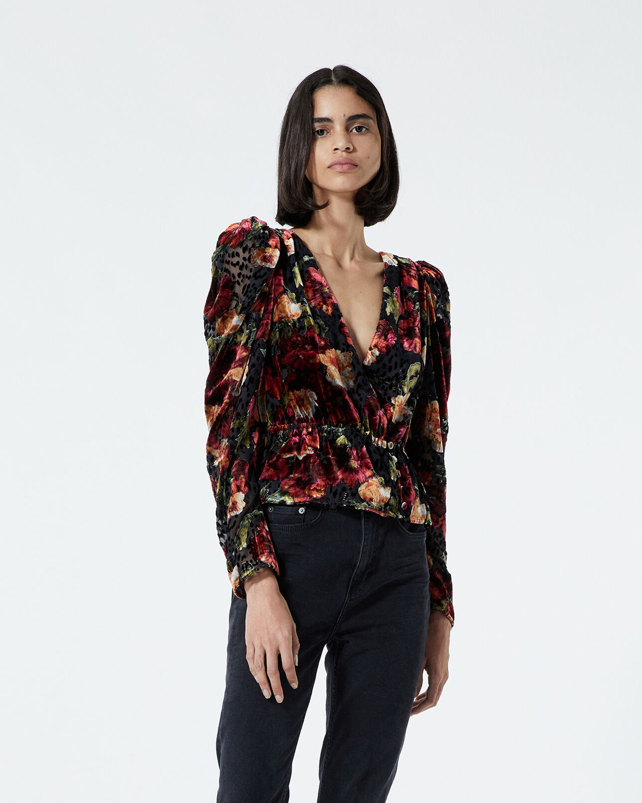 The Kooples WOMEN MULTICOLOR burnout velvet top with orange floral print