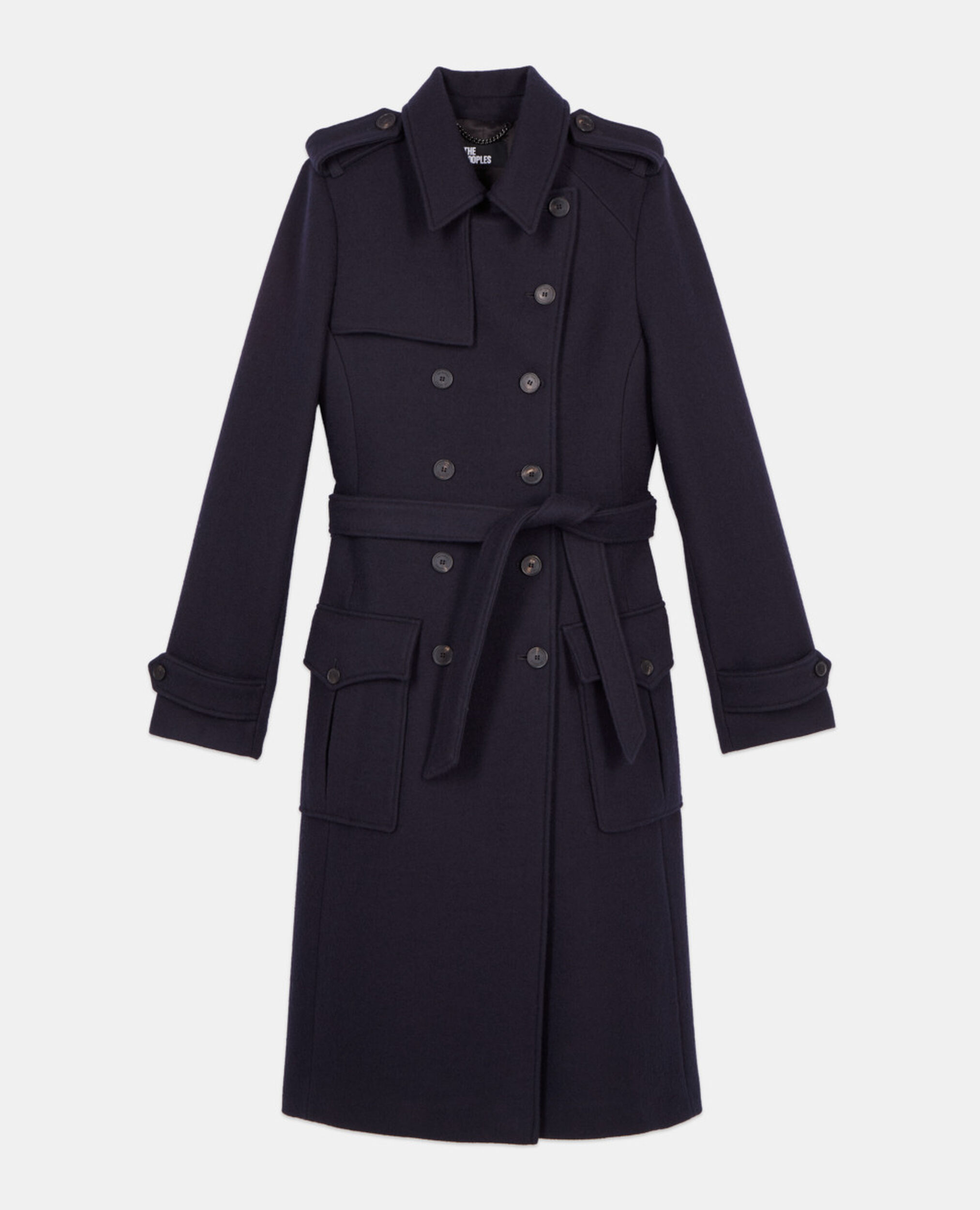 Long navy blue trench style coat, DARK NAVY, hi-res image number null