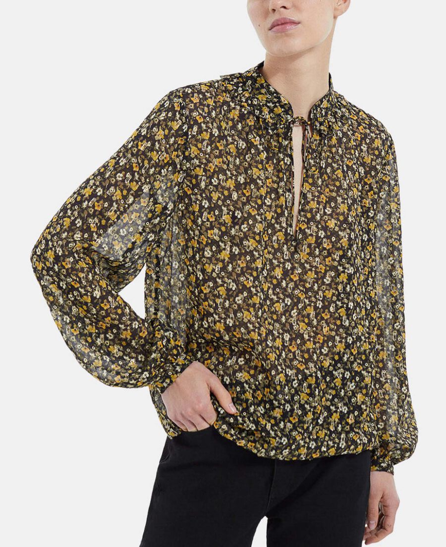 The Kooples F BLACK-ORANGE floral black and yellow top in knotted silver details