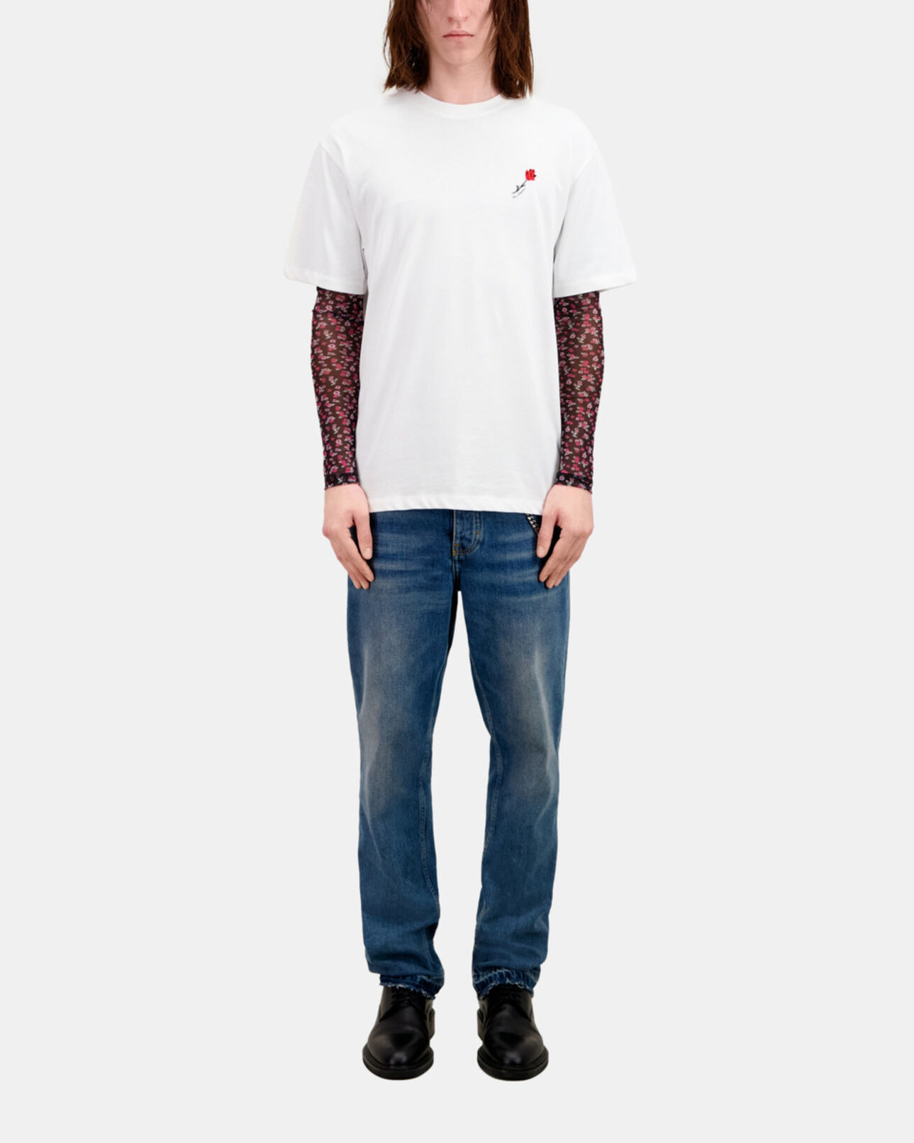 The Kooples MEN WHITE men's white t-shirt with flower embroidery