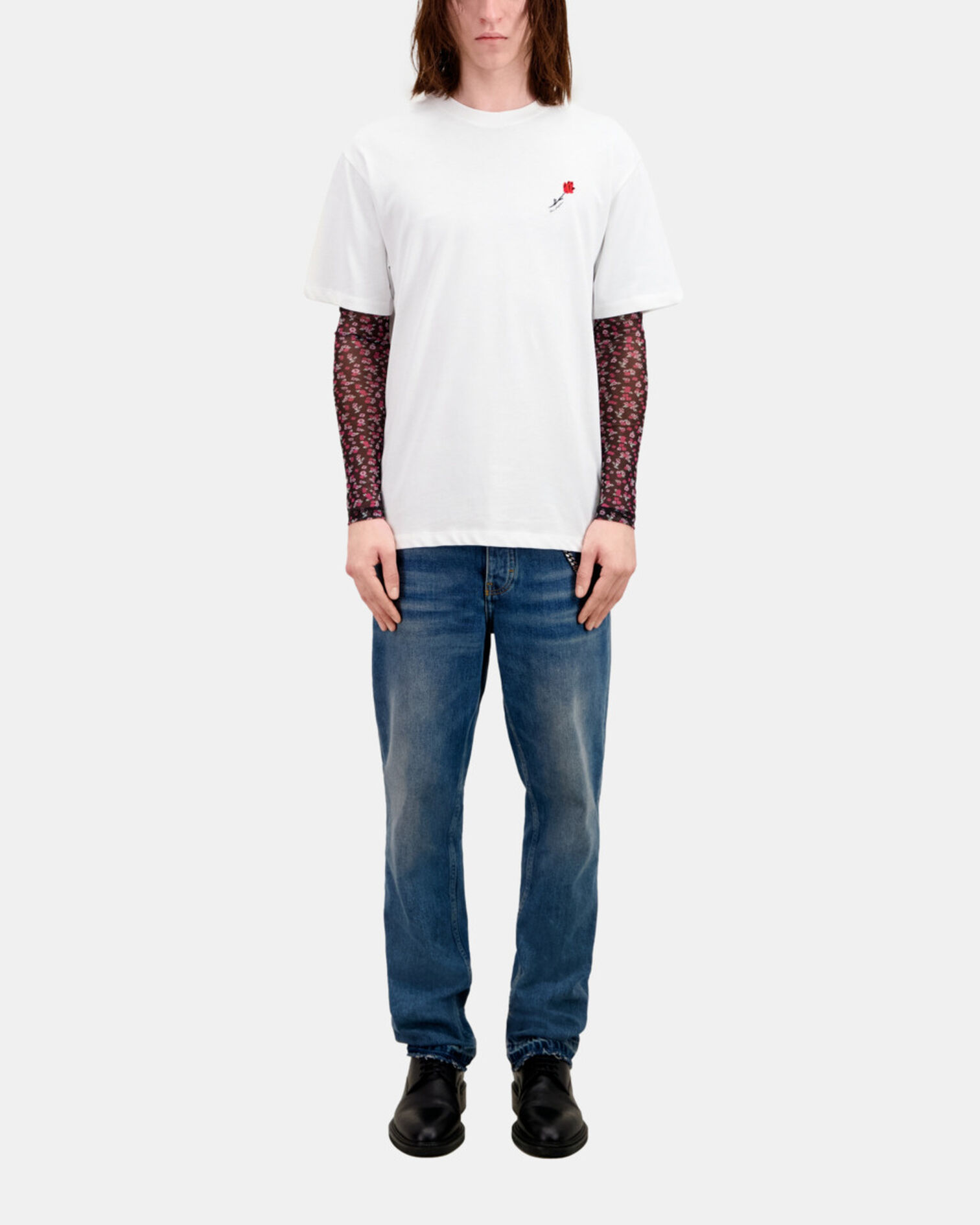 Men's white t-shirt with flower embroidery, WHITE, hi-res image number null