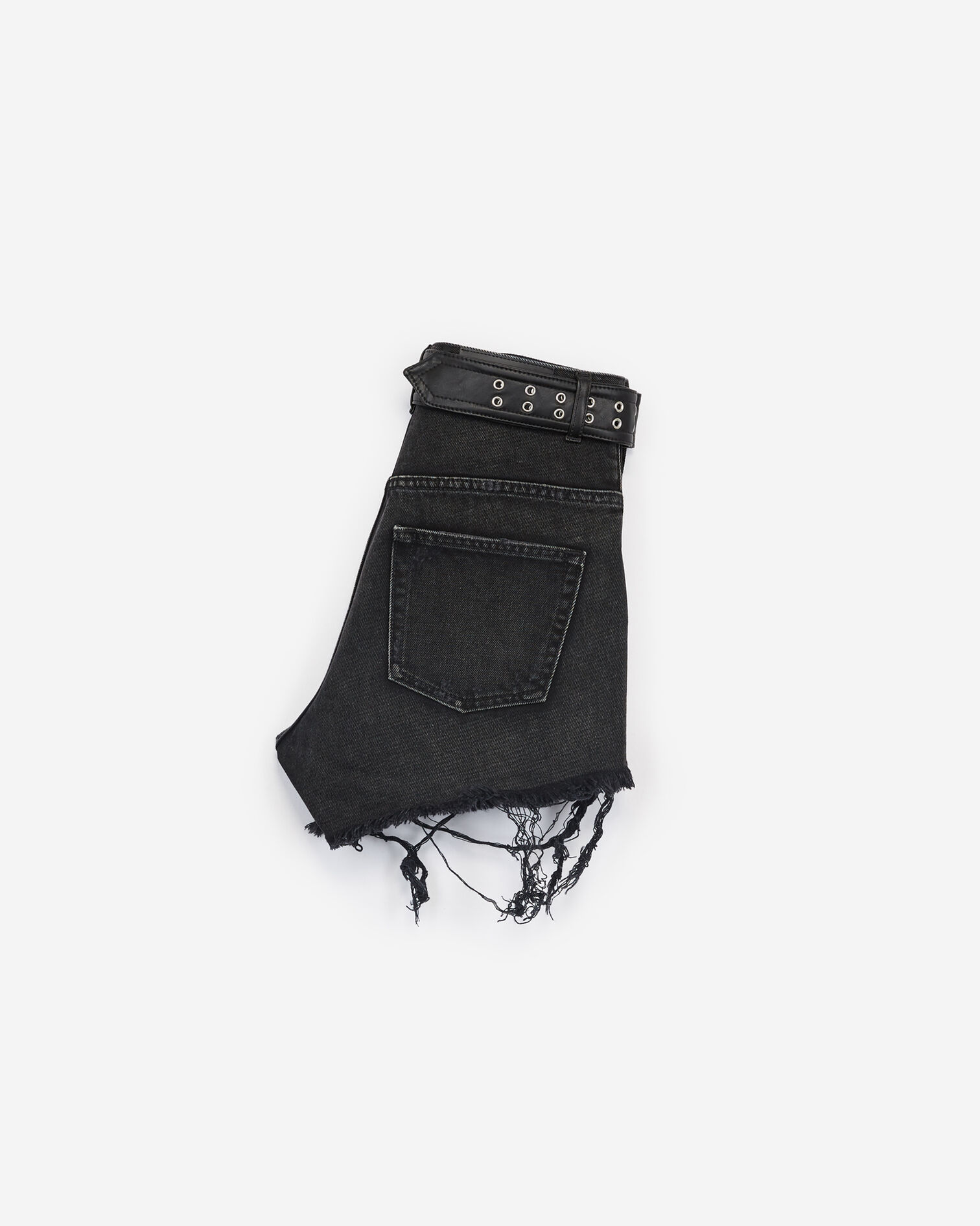 Ripped black denim shorts with western belt, BLACK, hi-res image number null