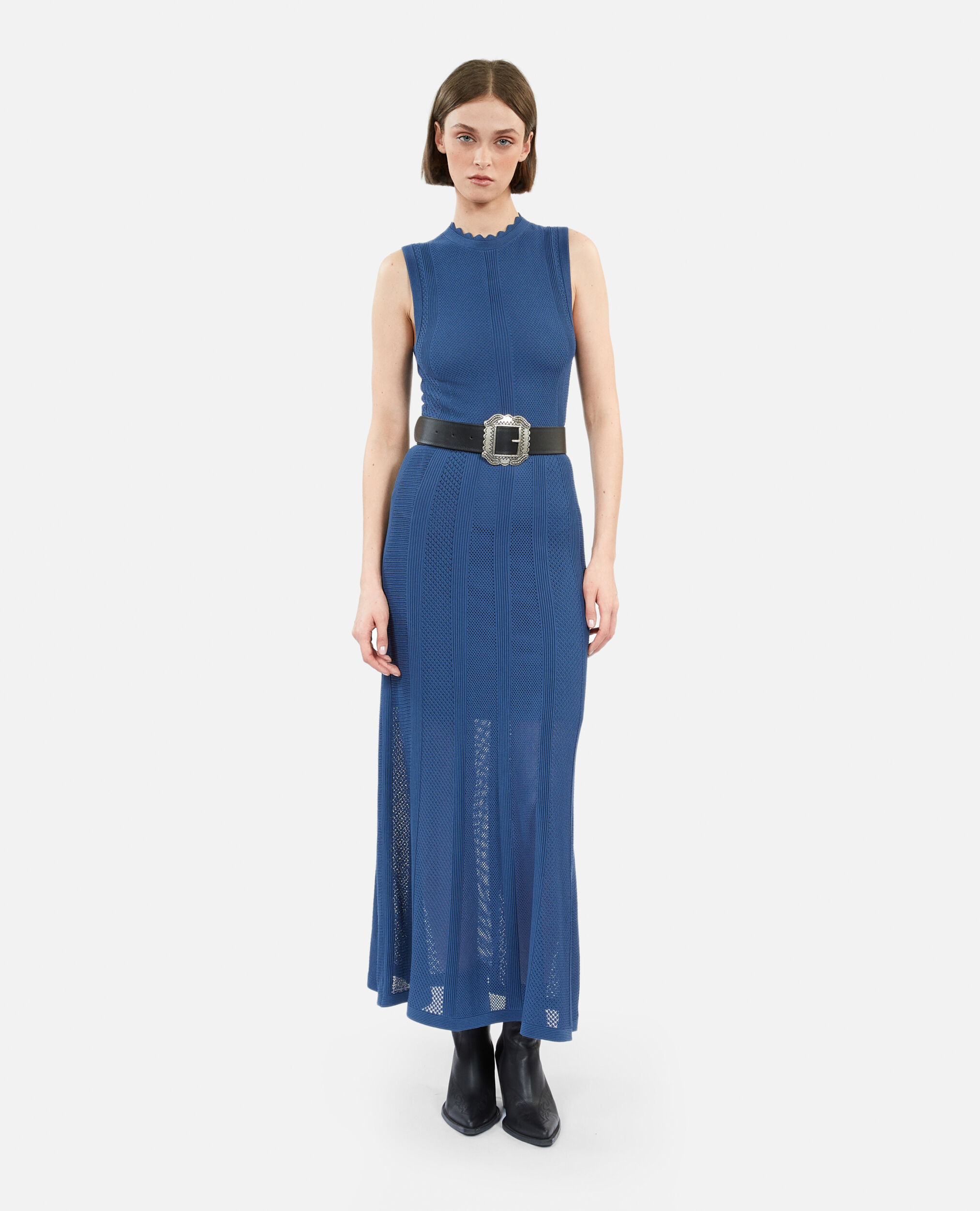 Long royal blue openwork knit dress, MIDDLE NAVY, hi-res image number null