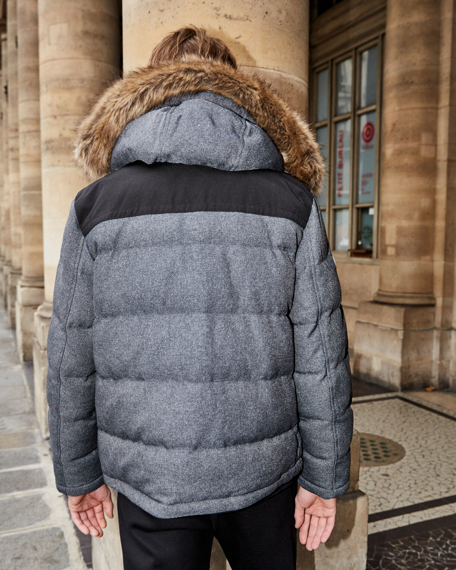 gray nylon down jacket with hood - fur trim, LIGHT GREY MELANGE, hi-res image number null