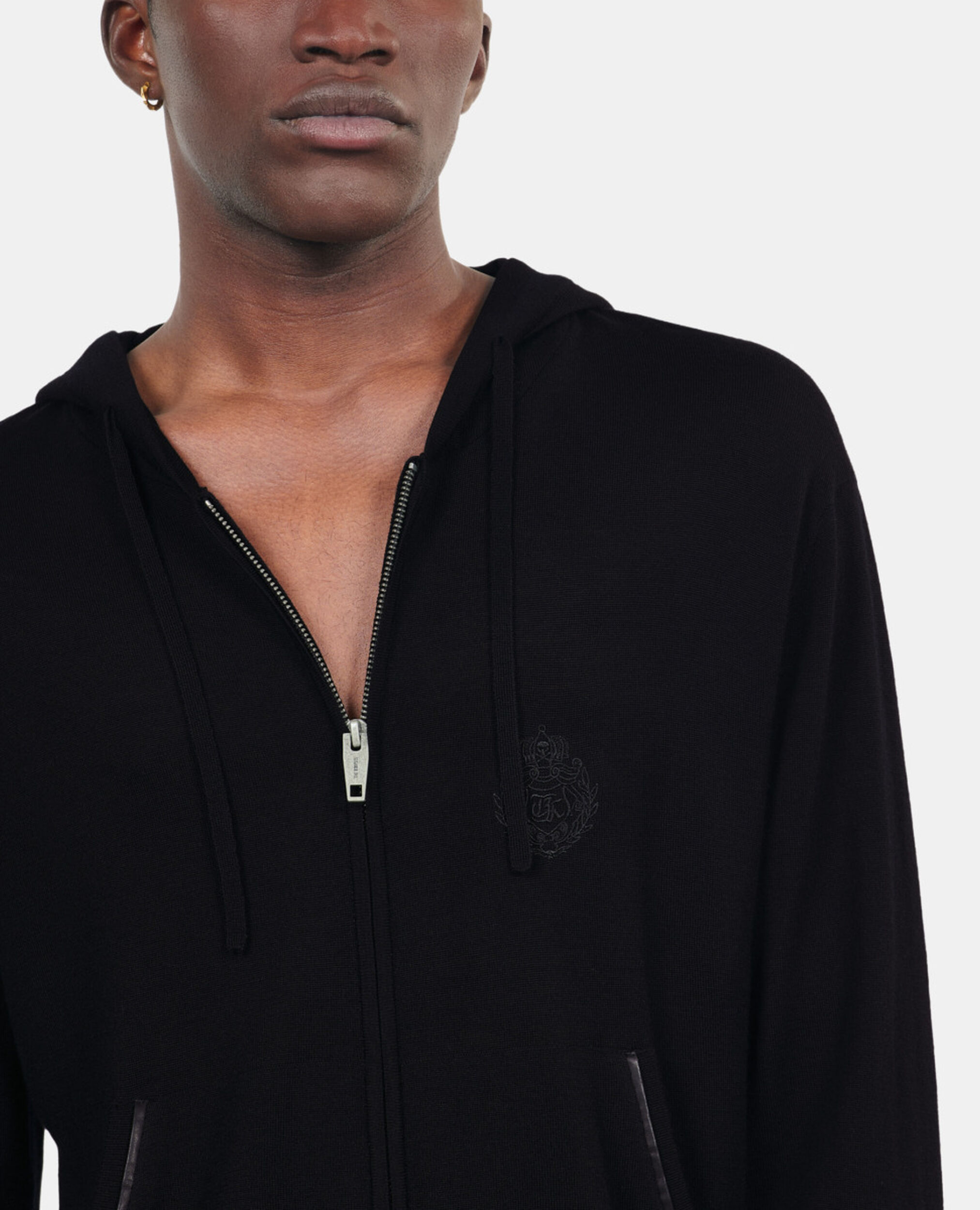 Black wool hooded cardigan, BLACK, hi-res image number null