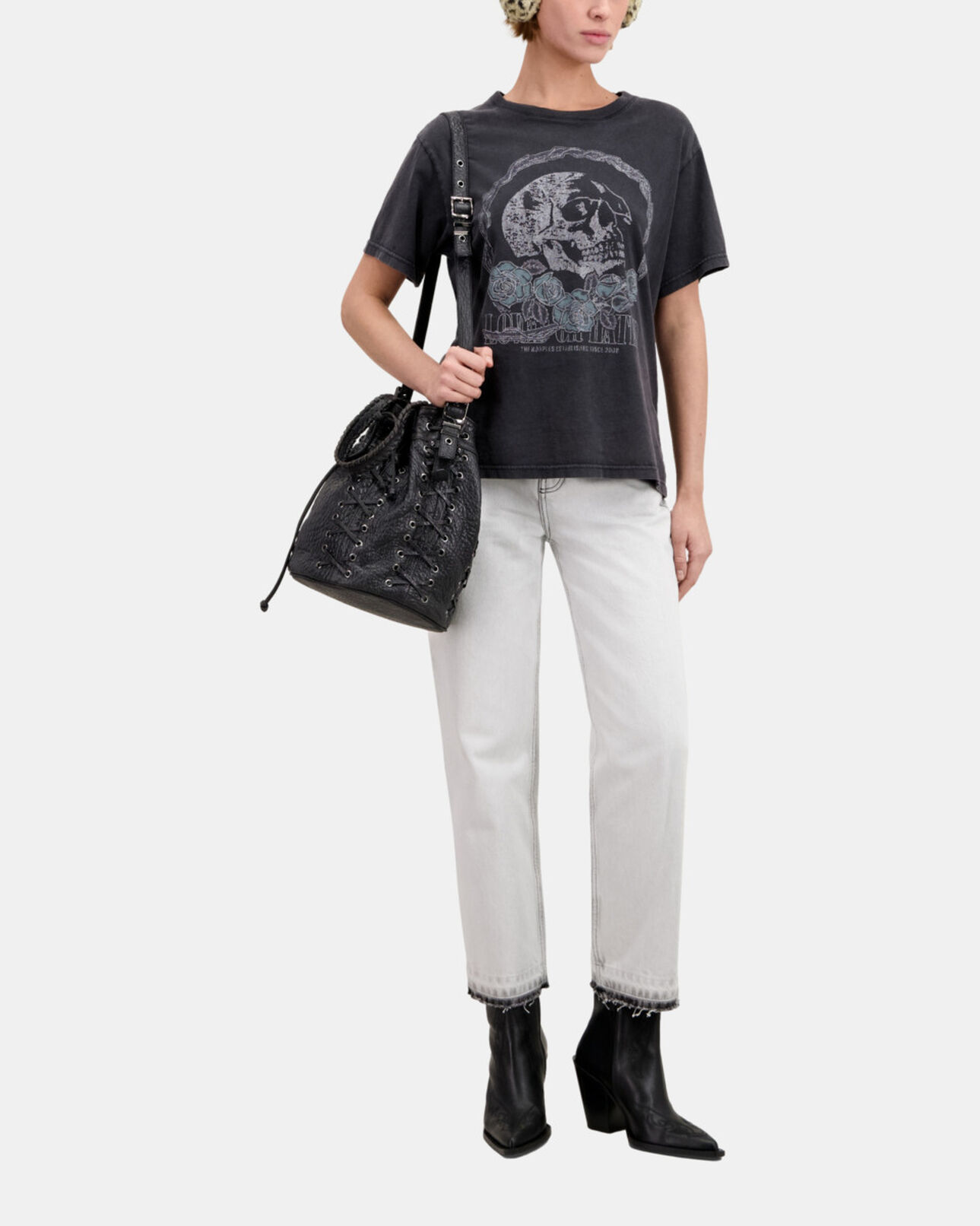 The Kooples FEMME BLACK WASHED t-shirt noir avec sérigraphie vintage skull
